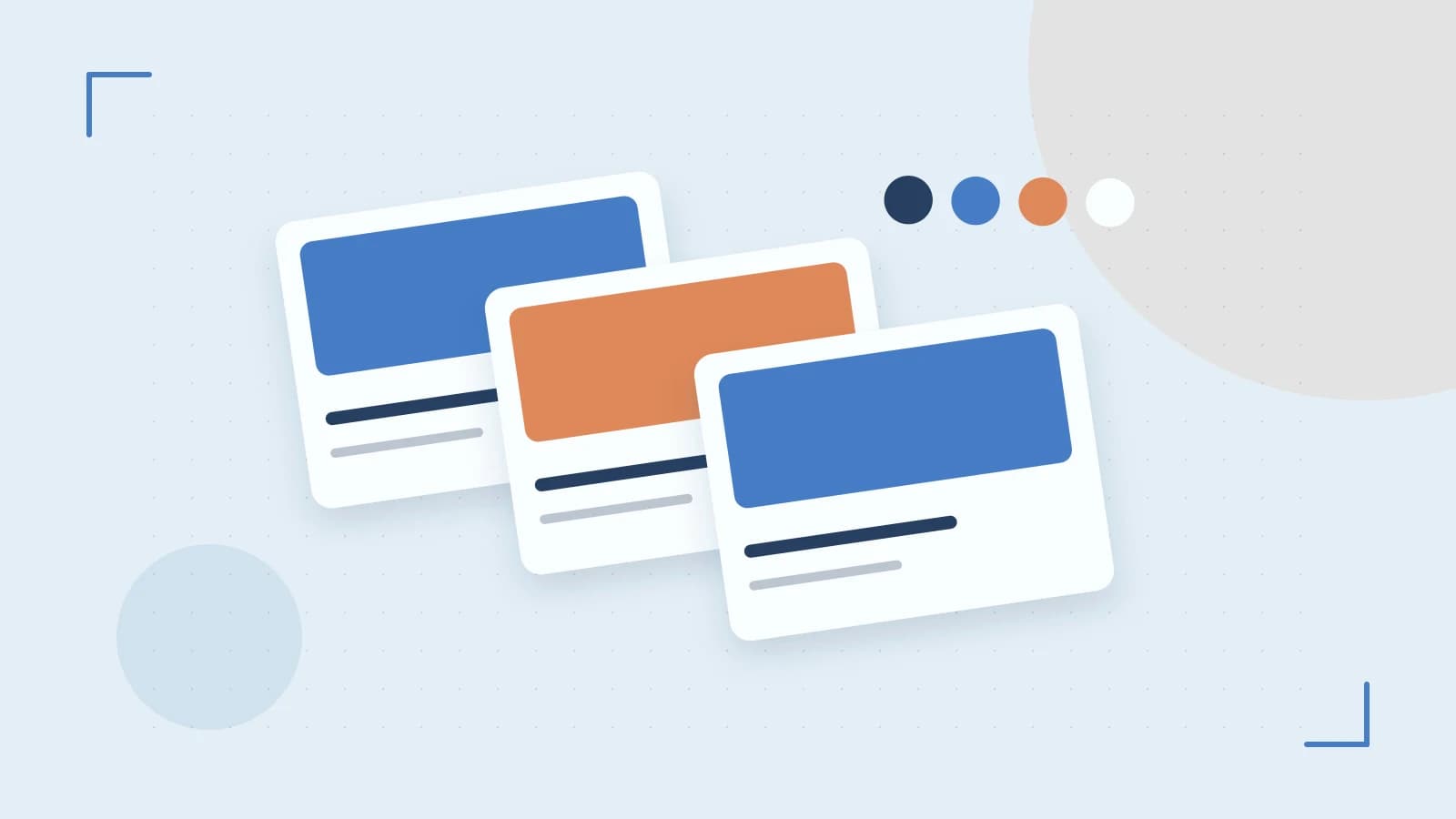Editorial illustration of responsive browser layouts, overlapping design components and a color system