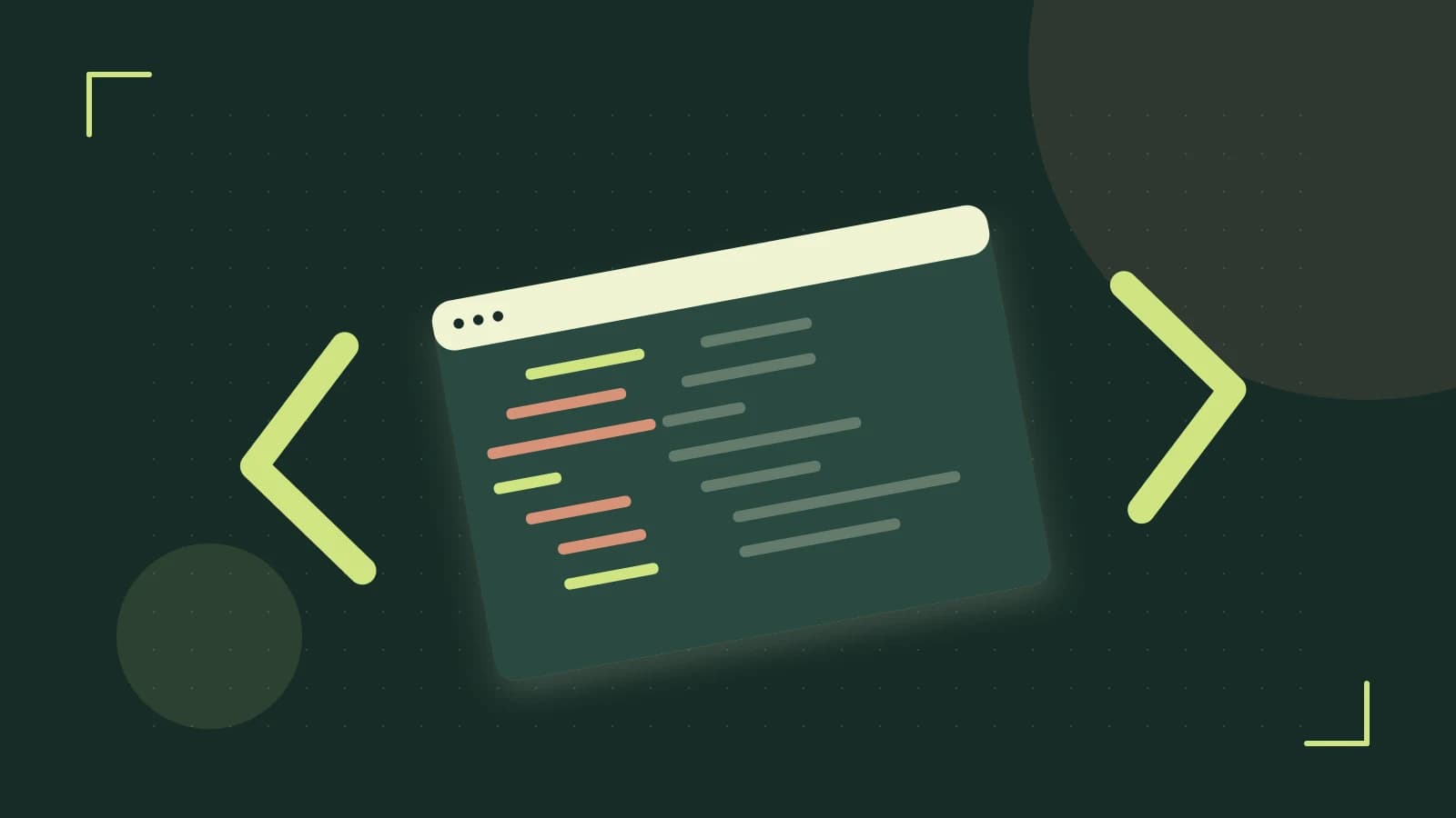 Editorial illustration of an abstract code editor, syntax blocks and oversized programming brackets