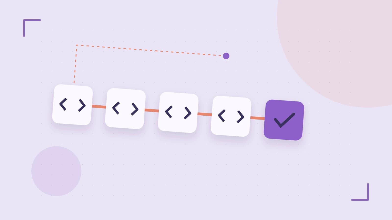 Editorial illustration of a branching build pipeline, staged transformations and a completed check