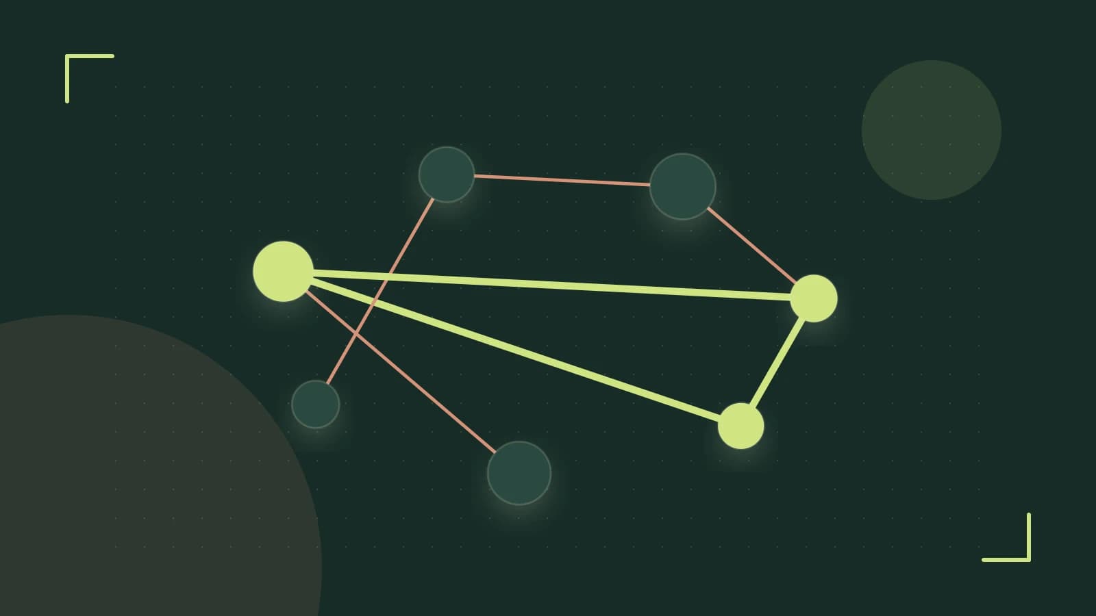 Editorial illustration of an algorithmic node graph with branching paths and a highlighted result