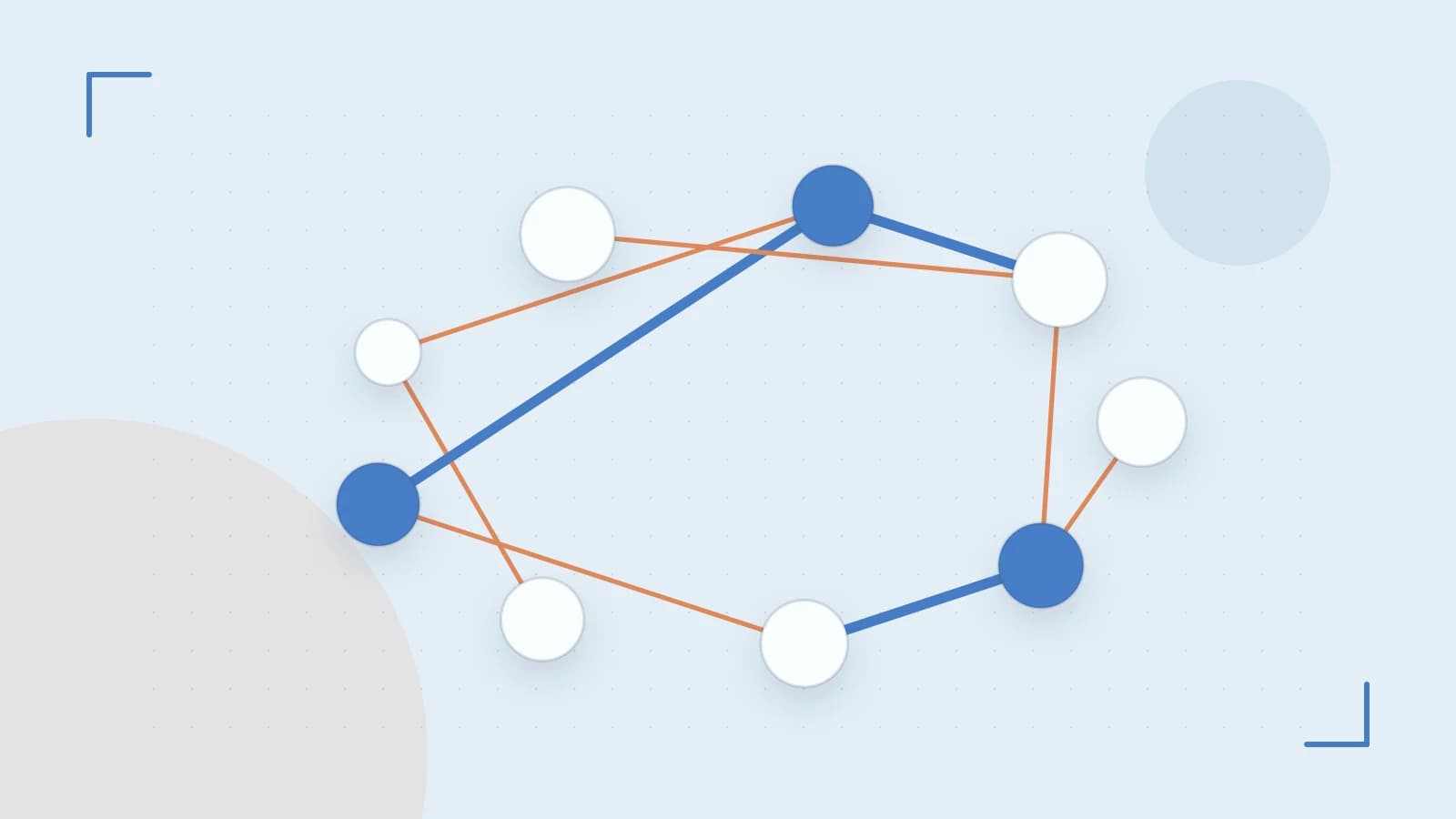 Editorial illustration of an algorithmic node graph with branching paths and a highlighted result