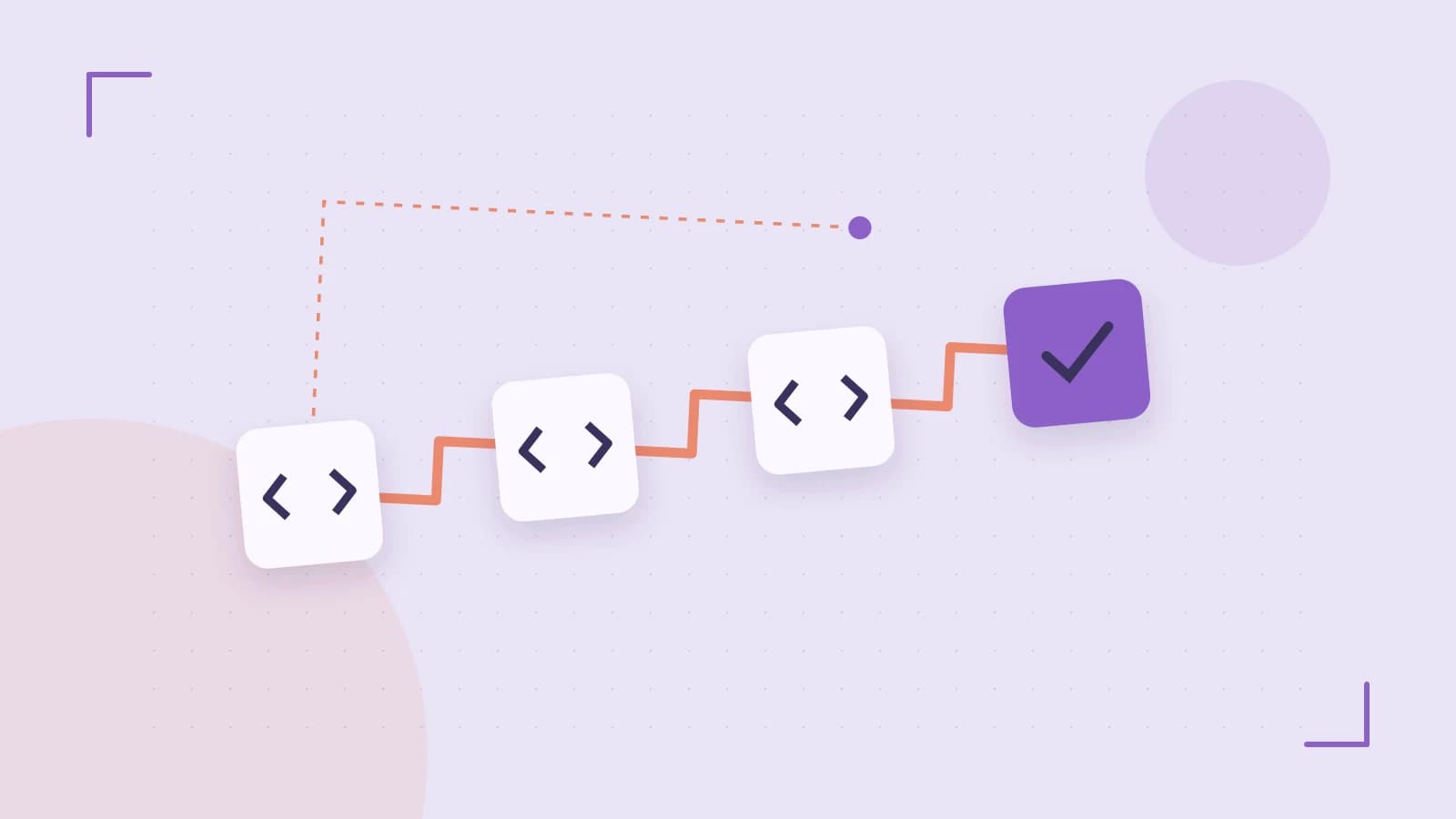 Editorial illustration of a branching build pipeline, staged transformations and a completed check