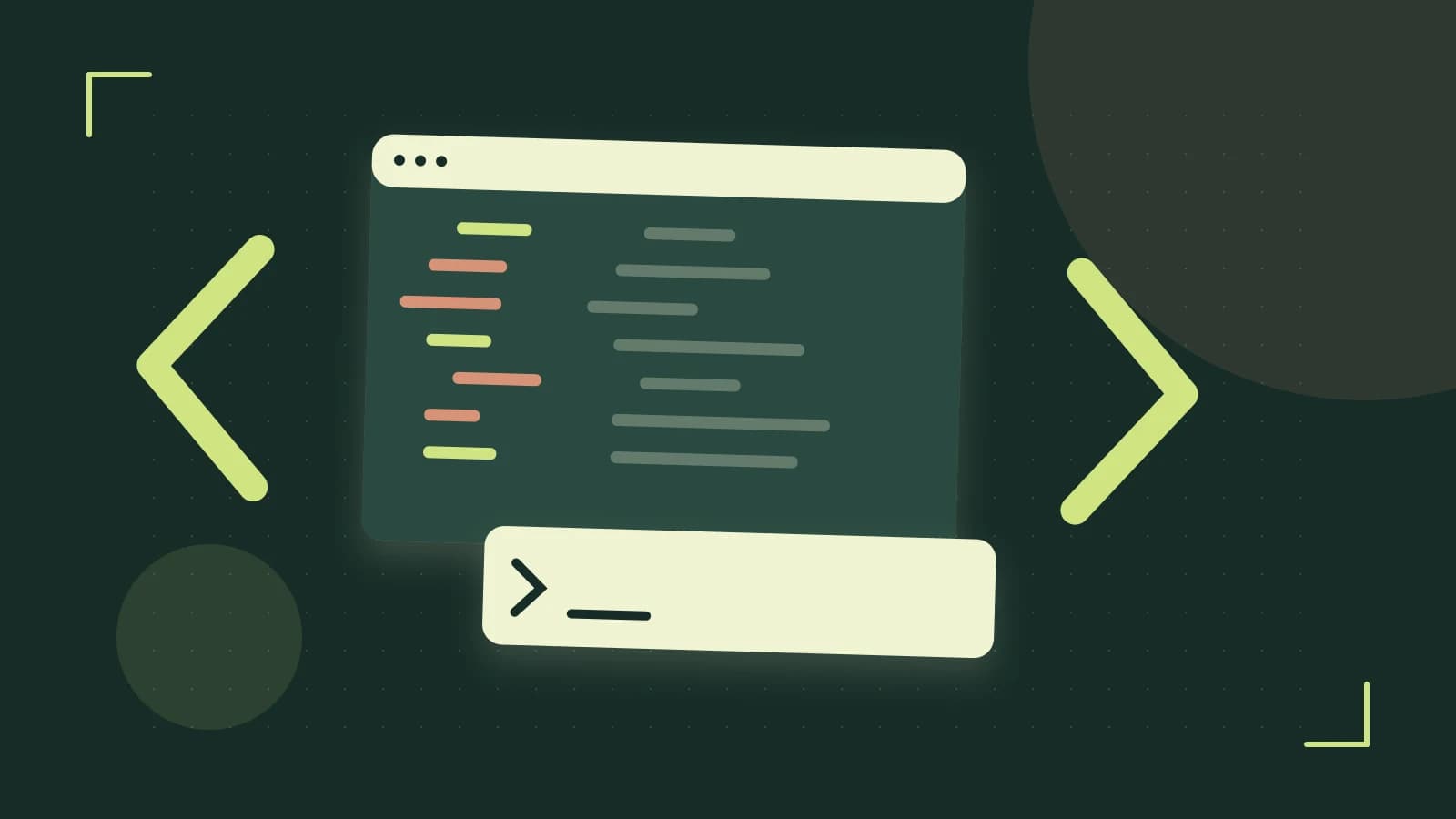 Editorial illustration of an abstract code editor, syntax blocks and oversized programming brackets