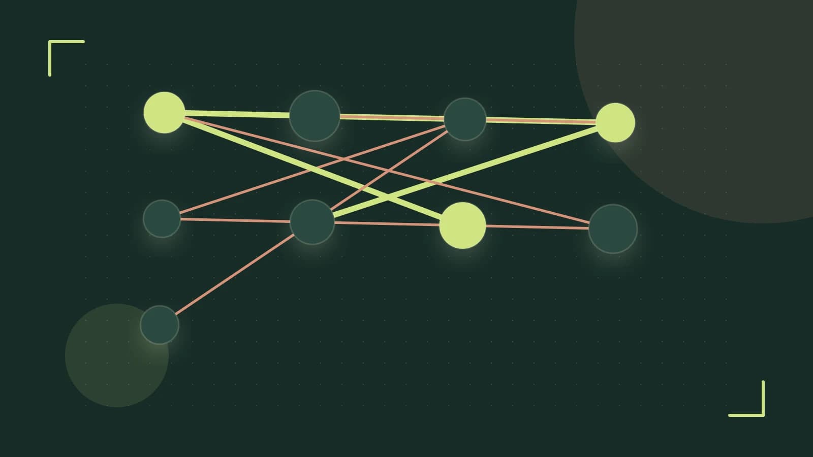 Editorial illustration of an algorithmic node graph with branching paths and a highlighted result