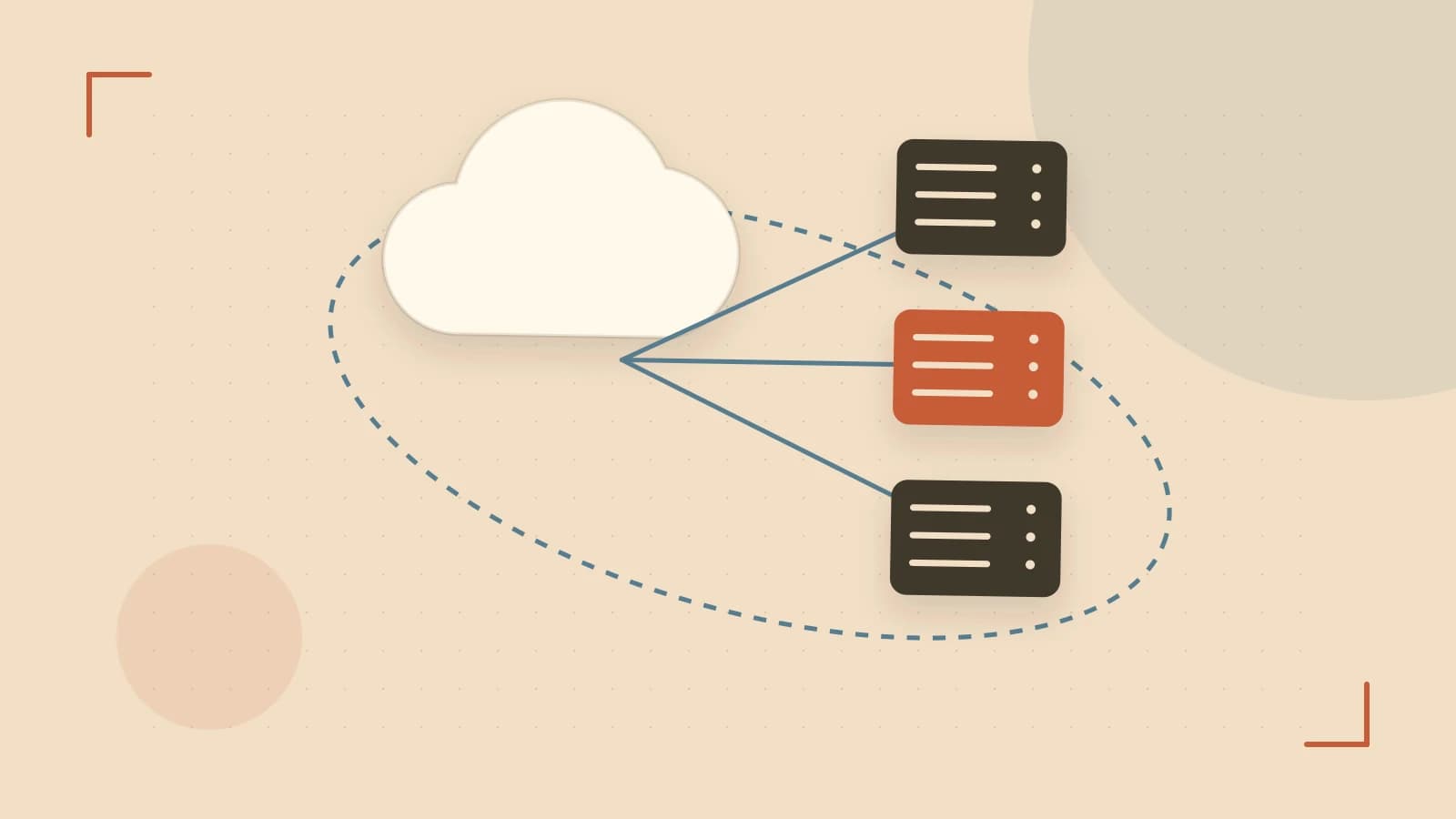 Editorial illustration of cloud infrastructure, connected server racks and an orbital service map