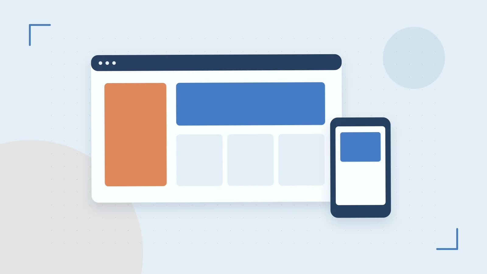 Editorial illustration of responsive browser layouts, overlapping design components and a color system