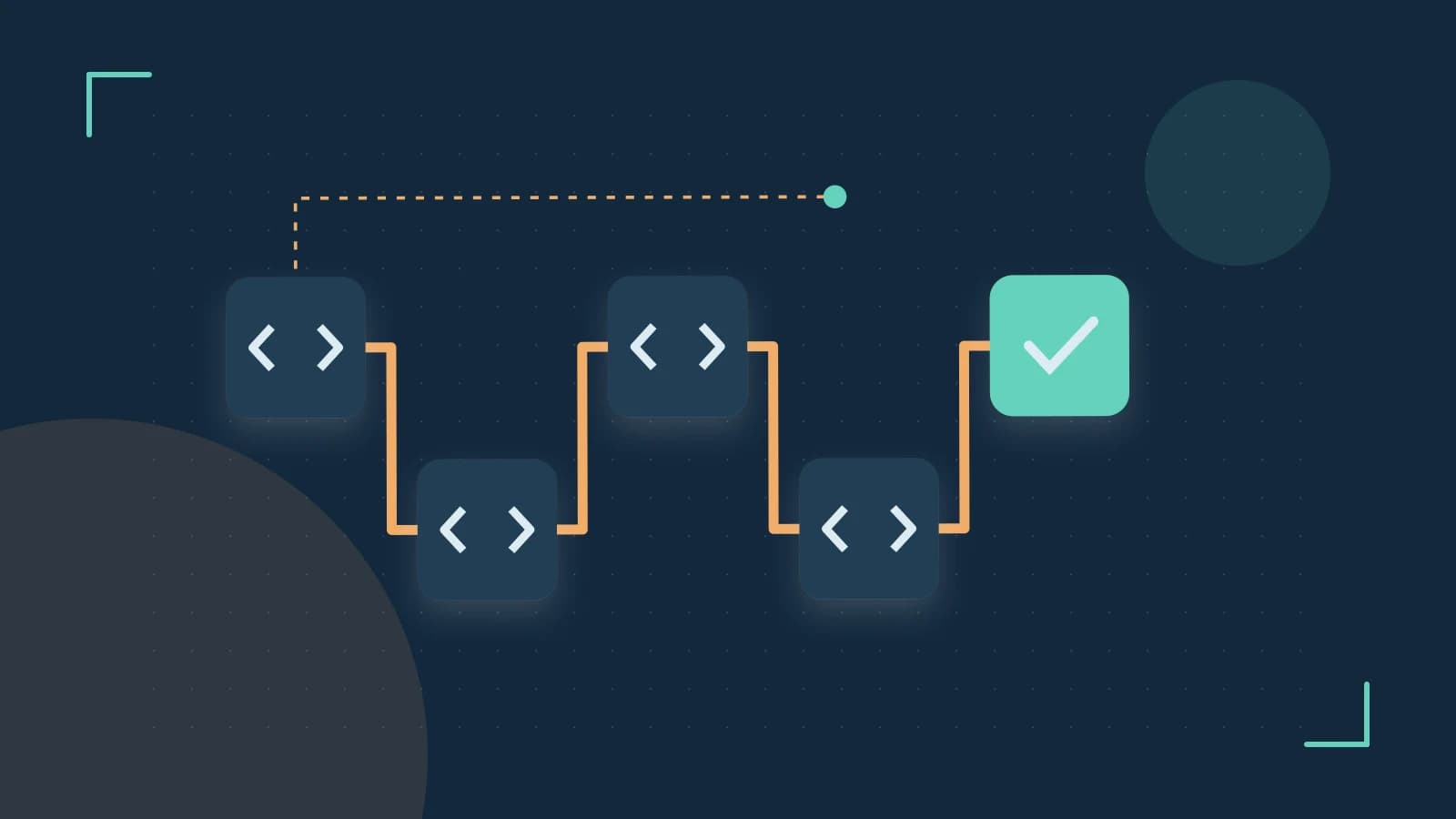 Editorial illustration of a branching build pipeline, staged transformations and a completed check