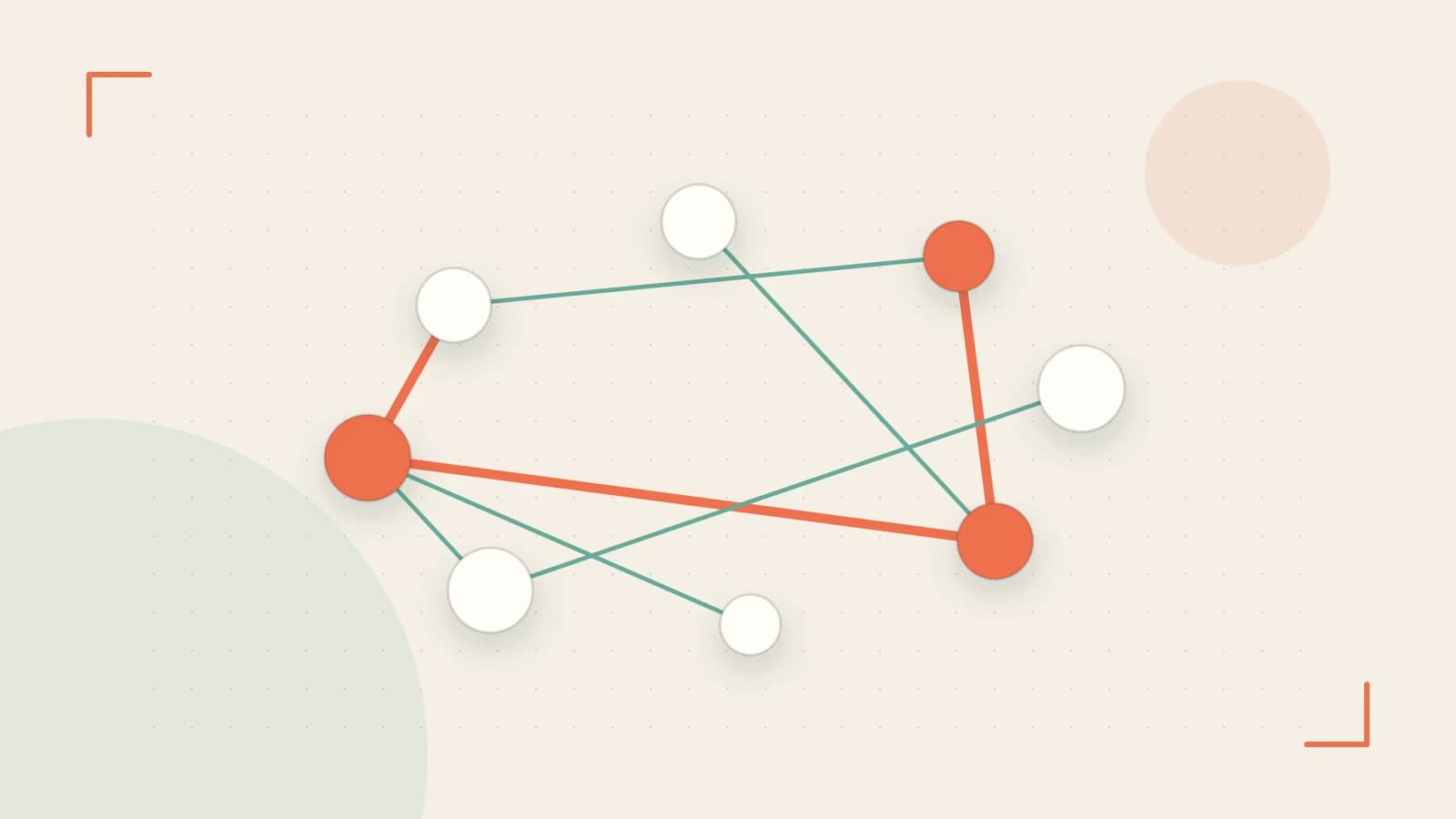 Editorial illustration of an algorithmic node graph with branching paths and a highlighted result