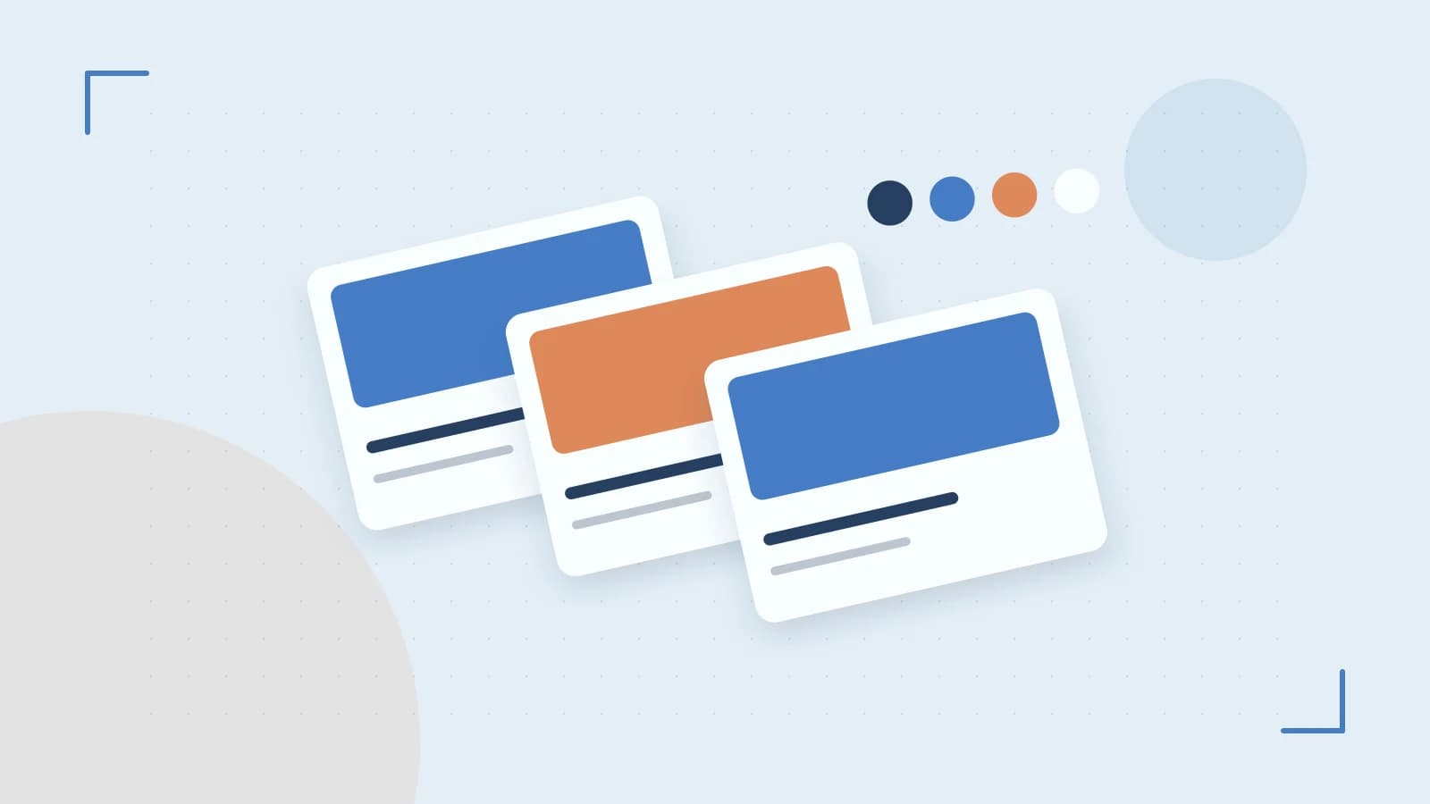 Editorial illustration of responsive browser layouts, overlapping design components and a color system
