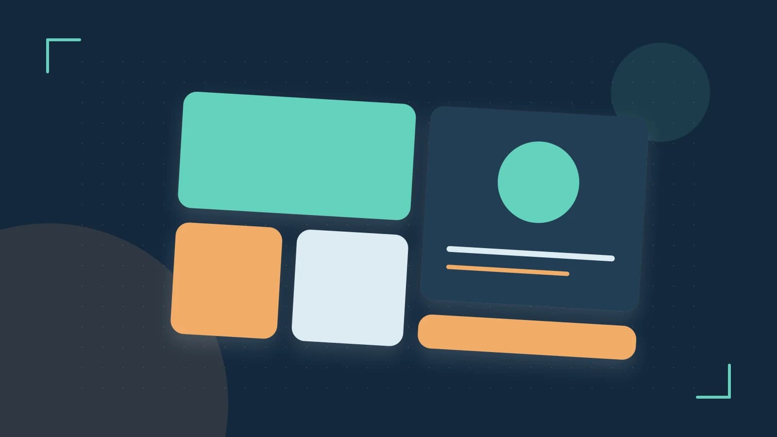 Editorial illustration of responsive browser layouts, overlapping design components and a color system