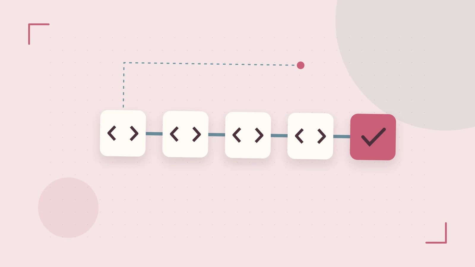 Editorial illustration of a branching build pipeline, staged transformations and a completed check