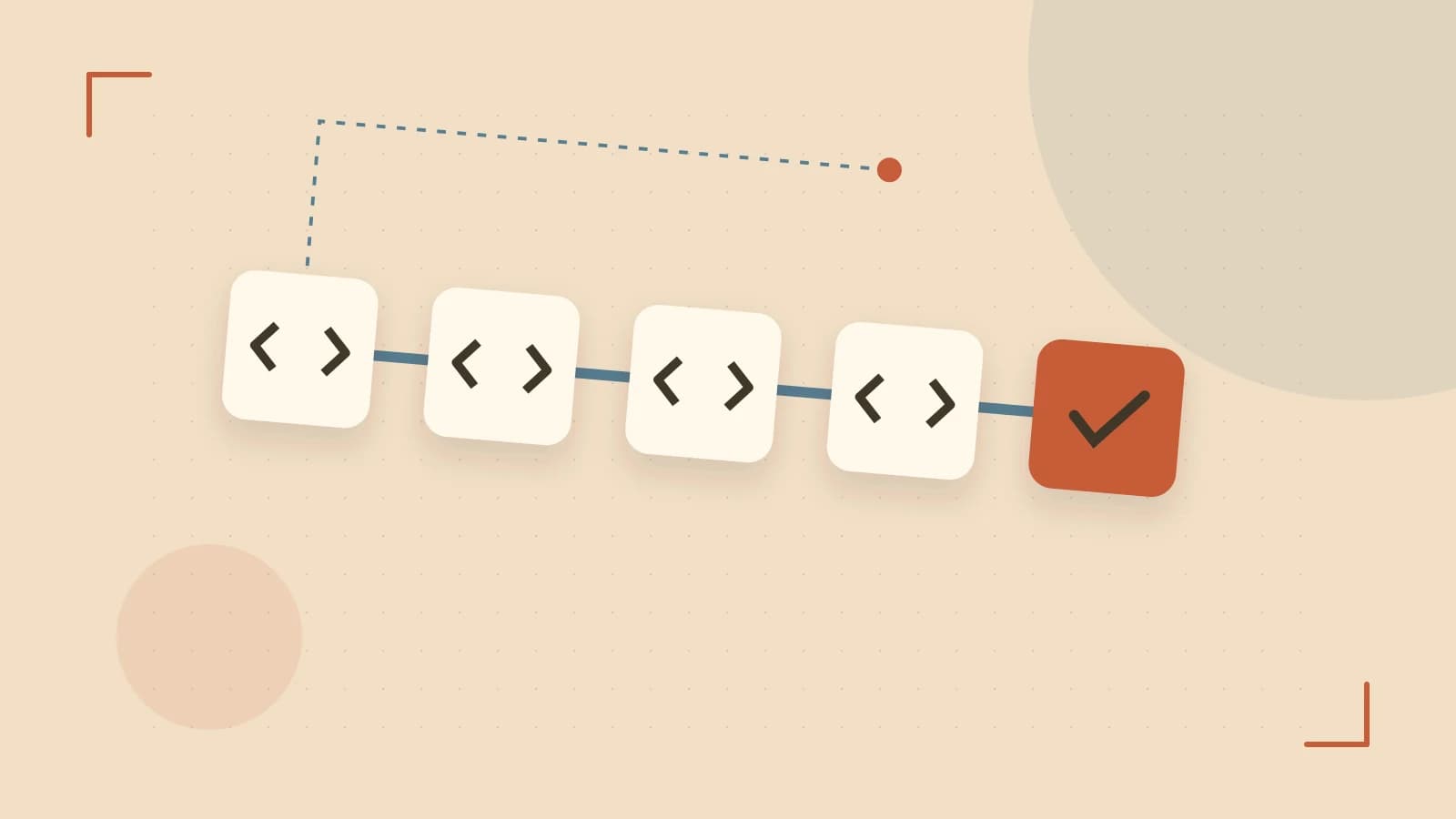 Editorial illustration of a branching build pipeline, staged transformations and a completed check