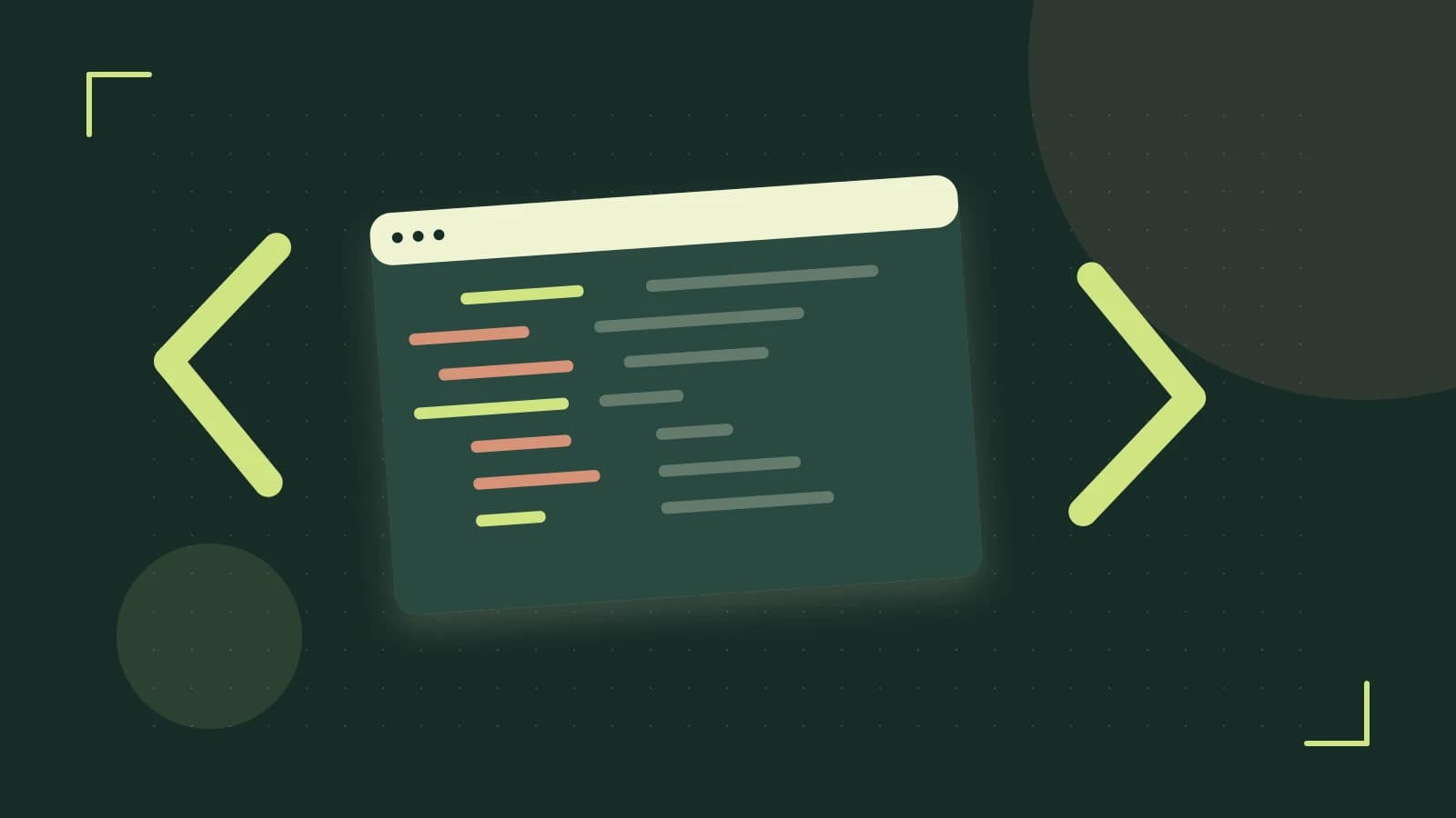 Editorial illustration of an abstract code editor, syntax blocks and oversized programming brackets