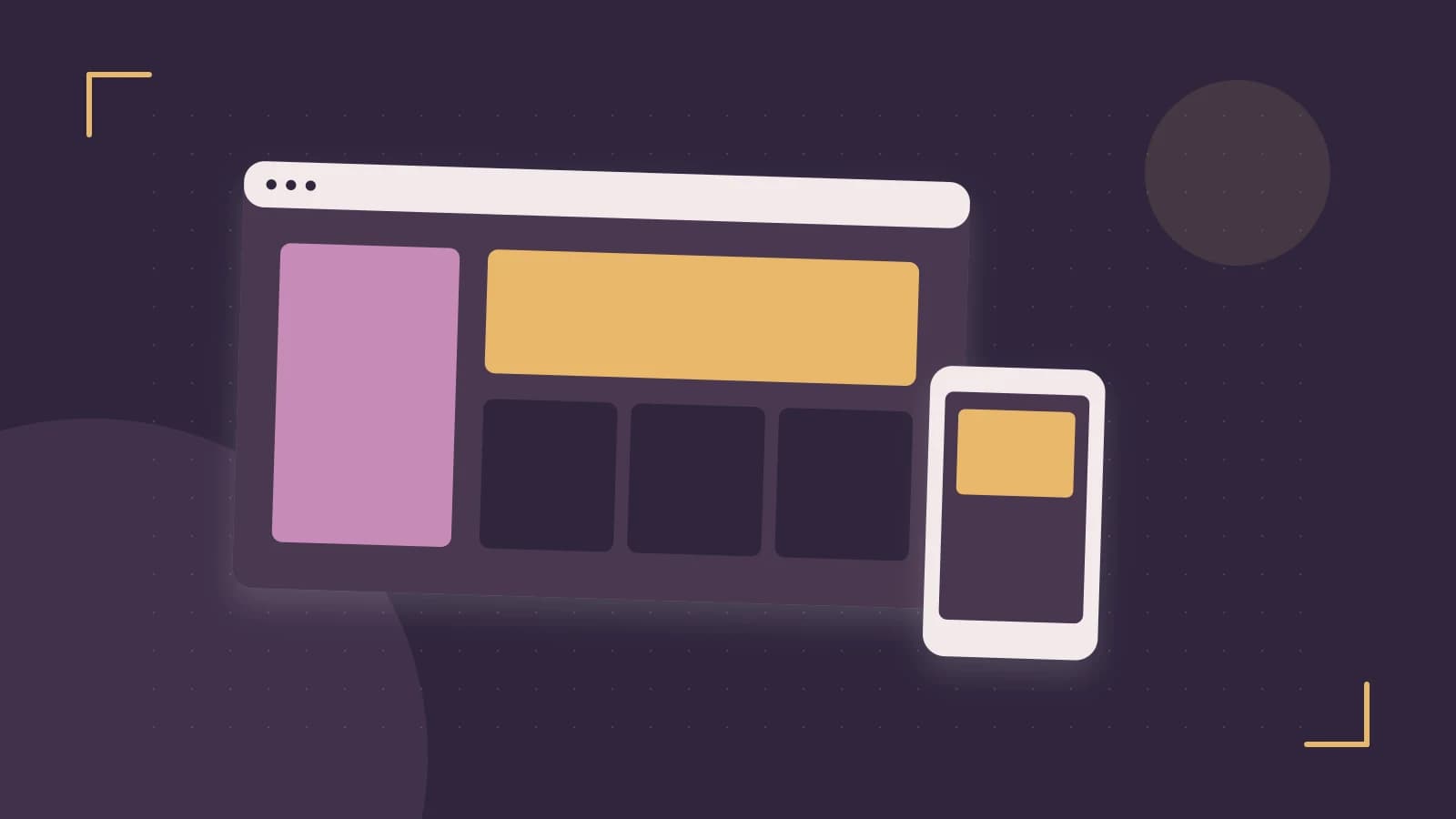 Editorial illustration of responsive browser layouts, overlapping design components and a color system