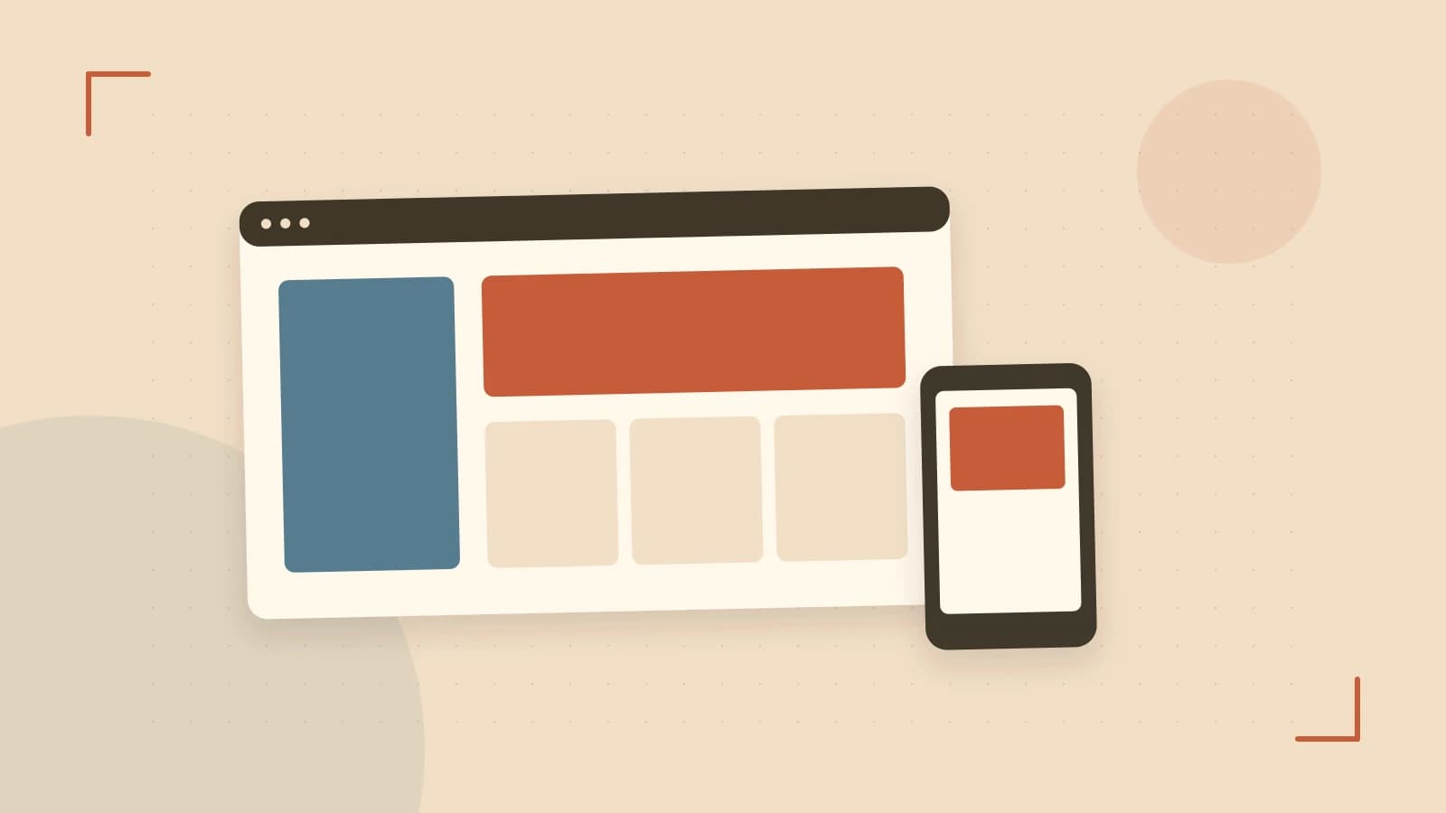 Editorial illustration of responsive browser layouts, overlapping design components and a color system