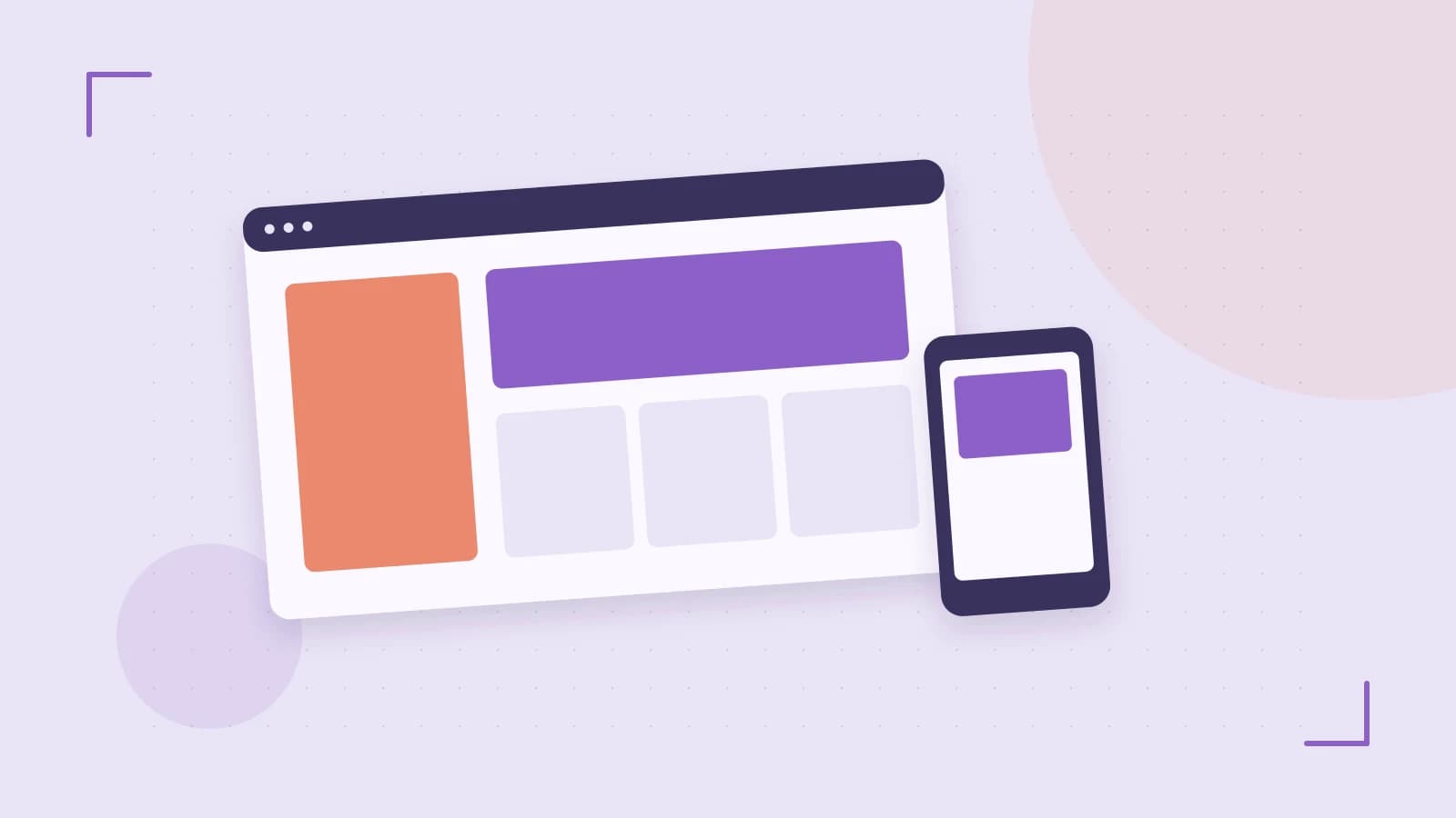 Editorial illustration of responsive browser layouts, overlapping design components and a color system