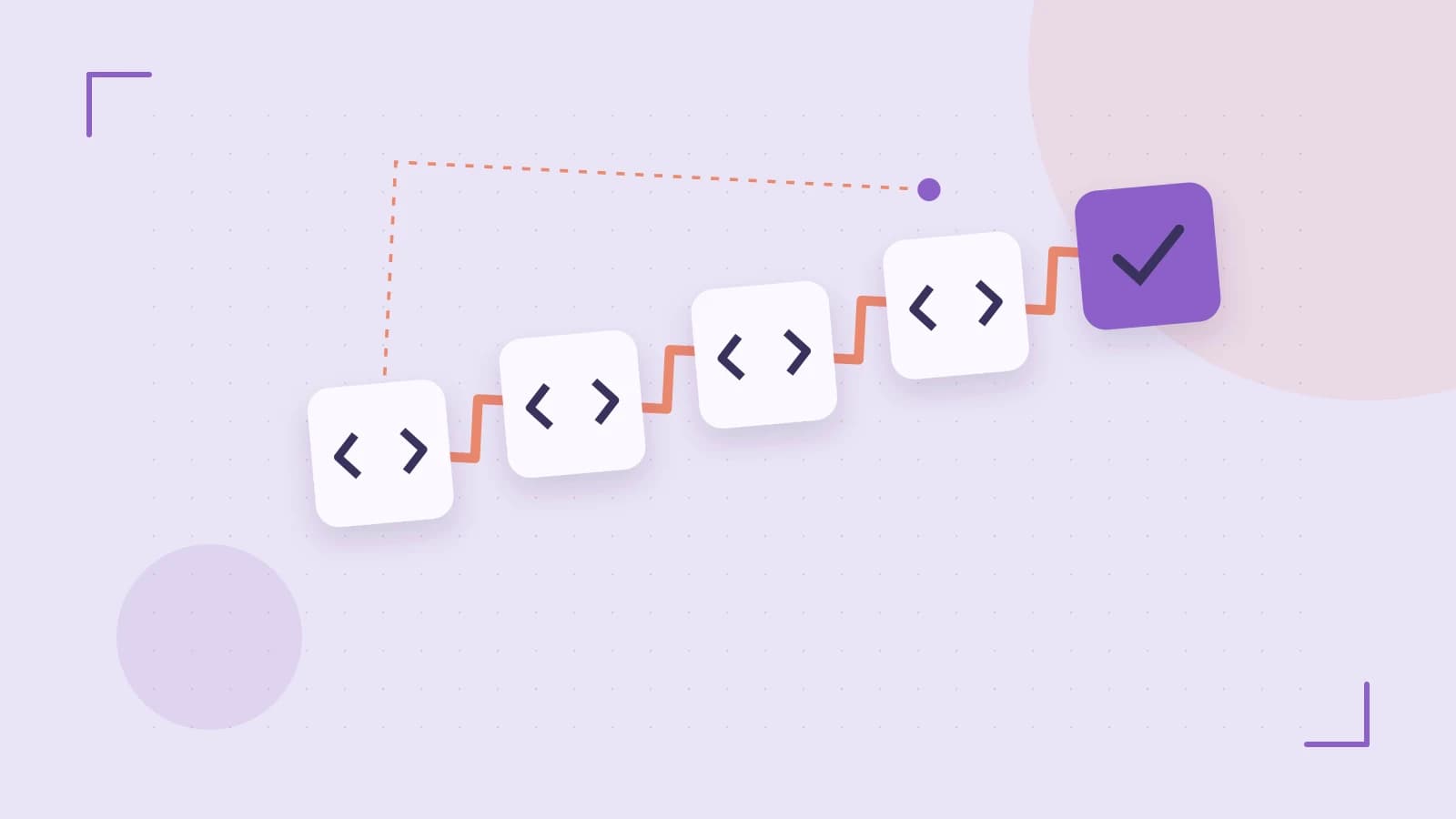 Editorial illustration of a branching build pipeline, staged transformations and a completed check