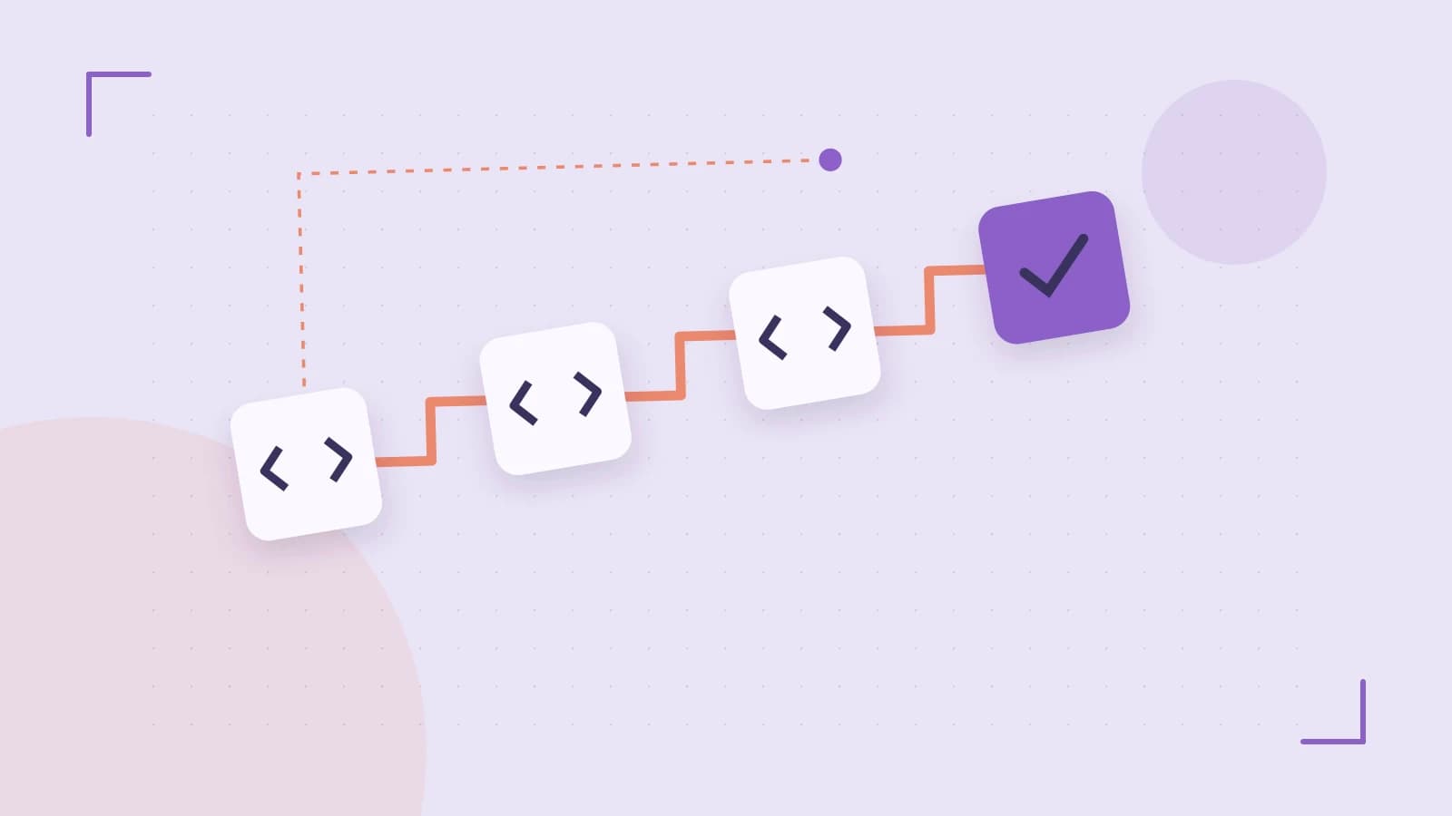 Editorial illustration of a branching build pipeline, staged transformations and a completed check