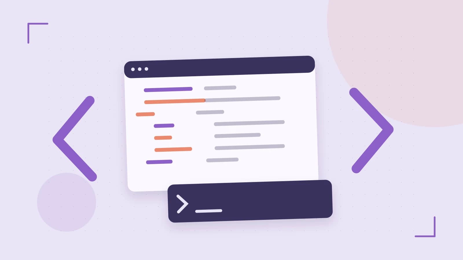 Editorial illustration of an abstract code editor, syntax blocks and oversized programming brackets