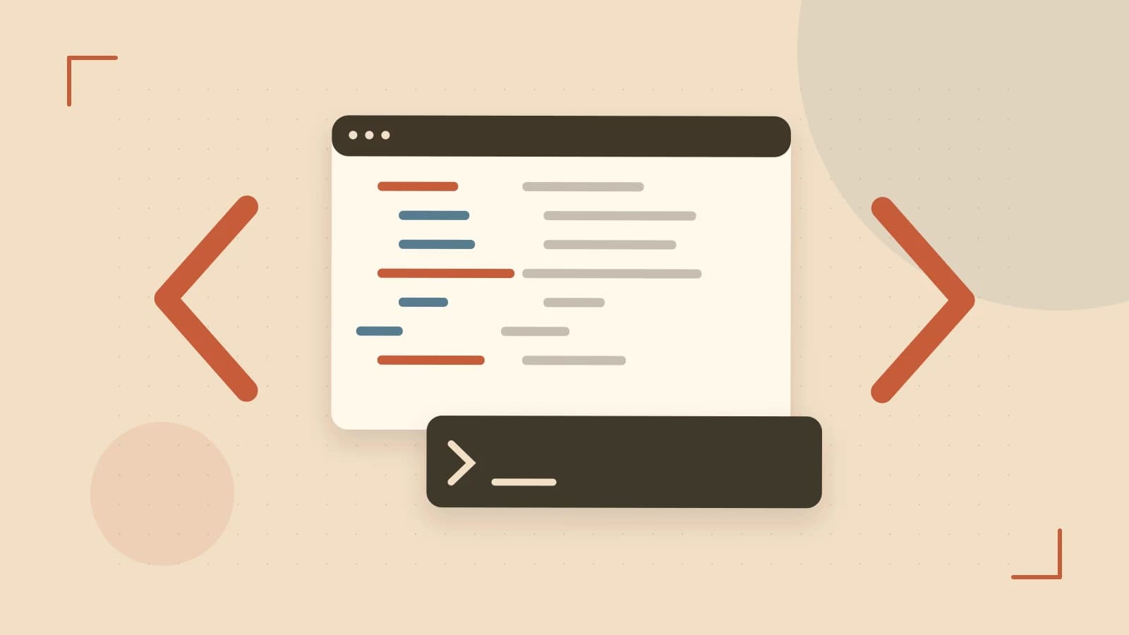Editorial illustration of an abstract code editor, syntax blocks and oversized programming brackets