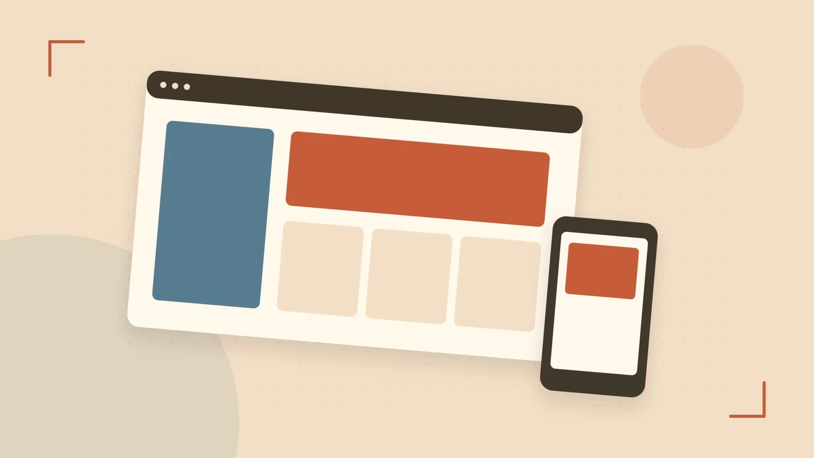 Editorial illustration of responsive browser layouts, overlapping design components and a color system
