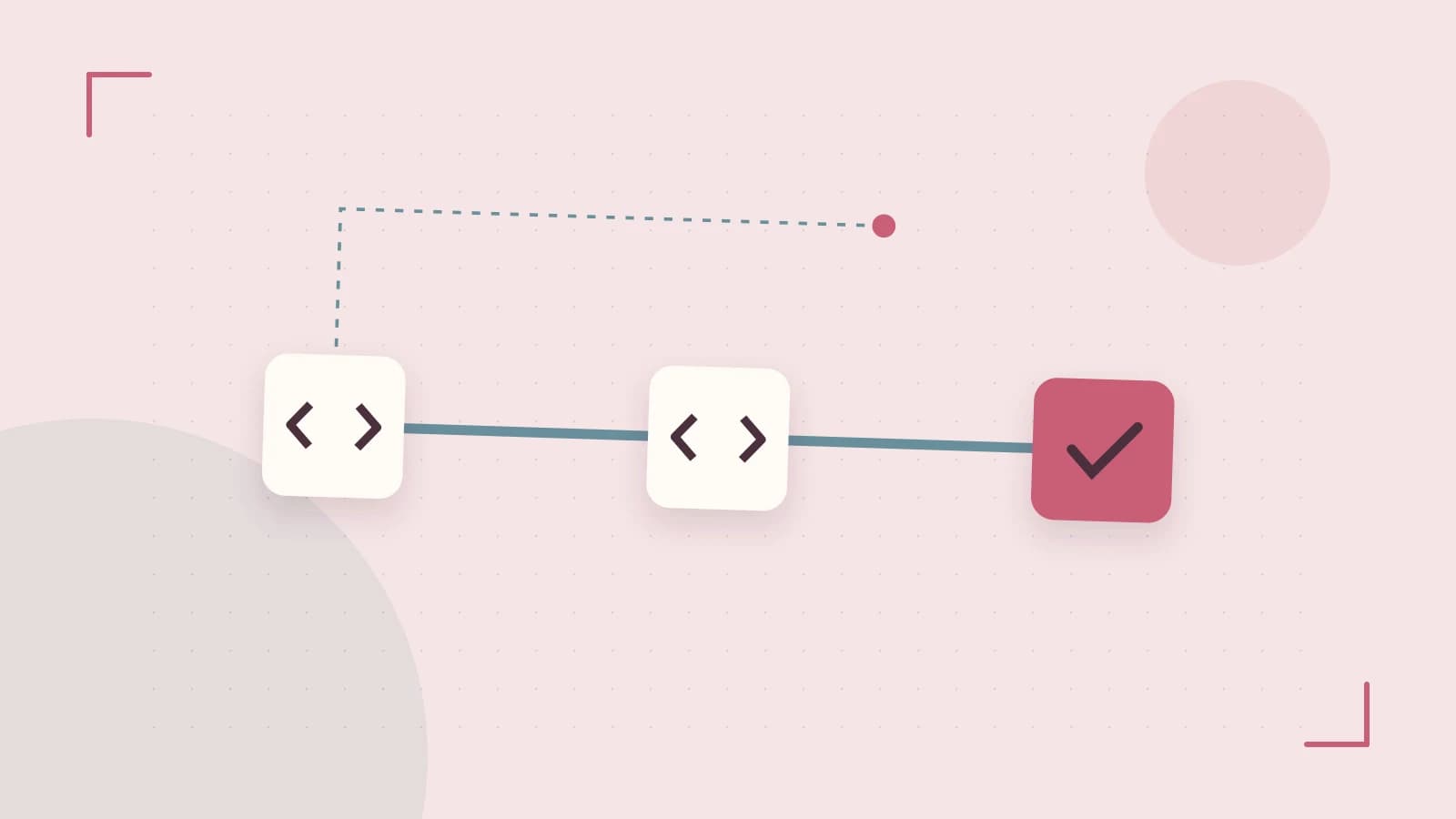 Editorial illustration of a branching build pipeline, staged transformations and a completed check