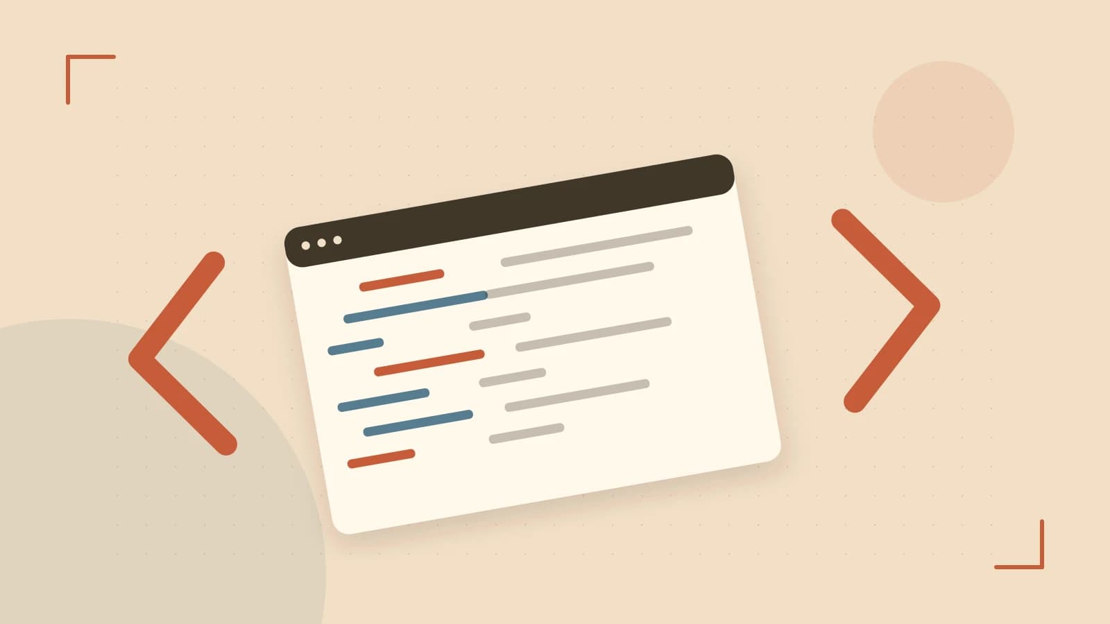 Editorial illustration of an abstract code editor, syntax blocks and oversized programming brackets