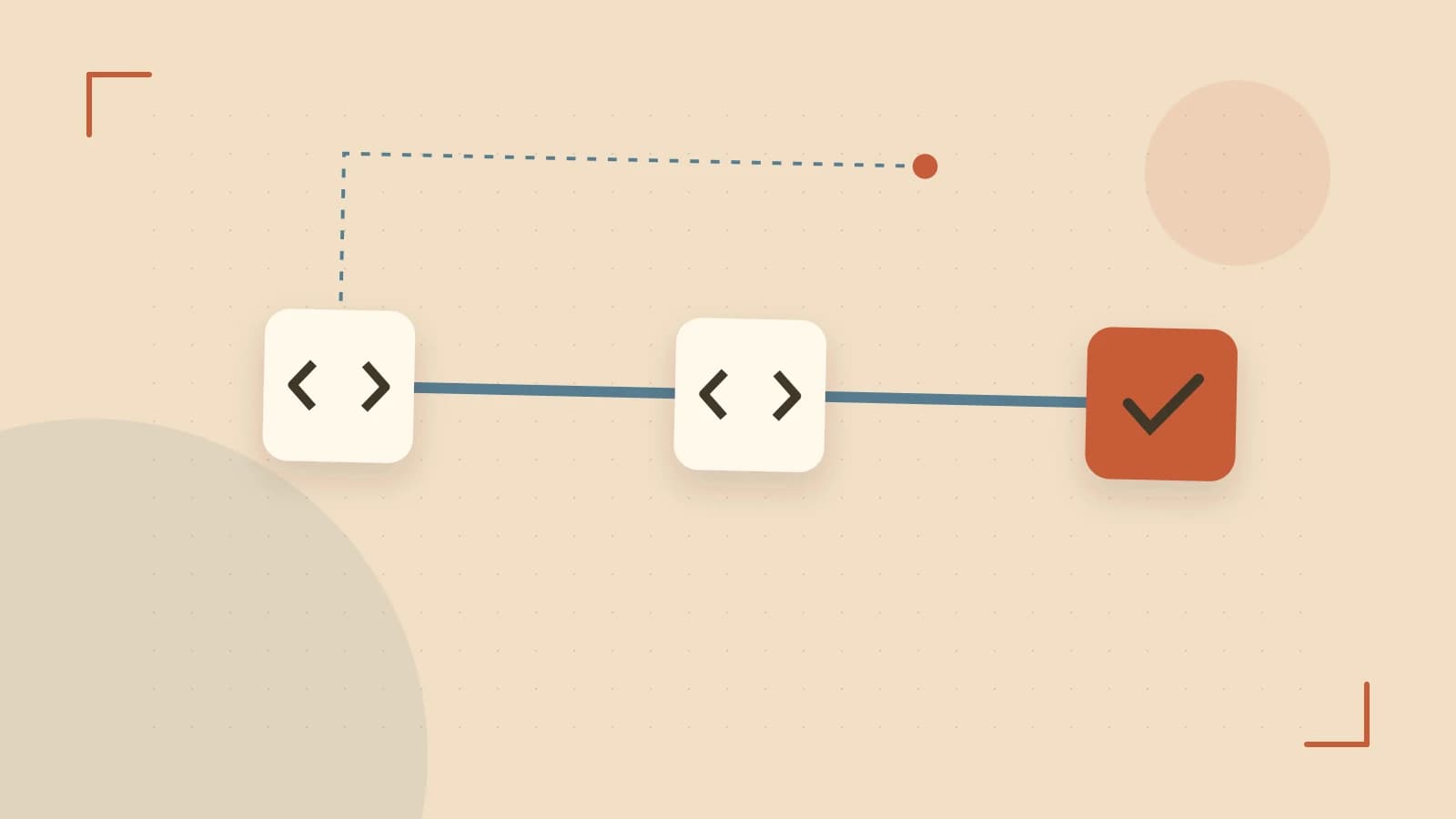 Editorial illustration of a branching build pipeline, staged transformations and a completed check