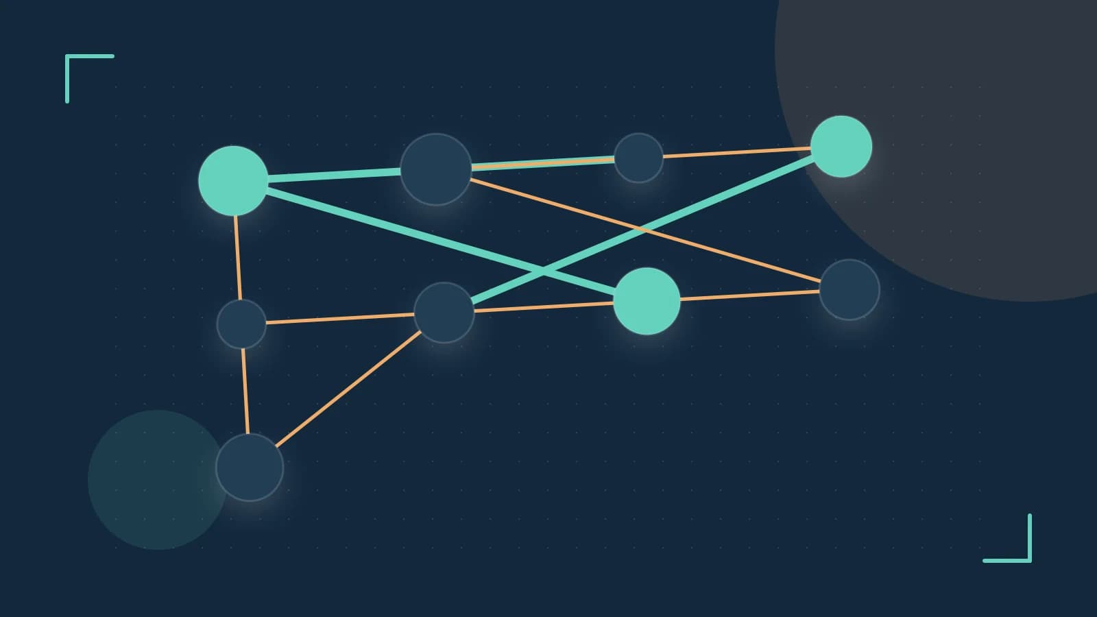 Editorial illustration of an algorithmic node graph with branching paths and a highlighted result