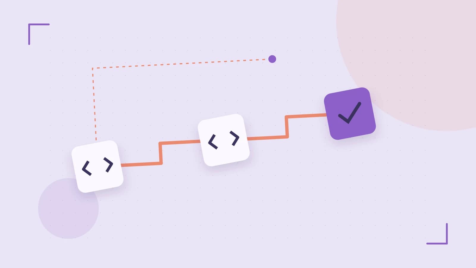 Editorial illustration of a branching build pipeline, staged transformations and a completed check