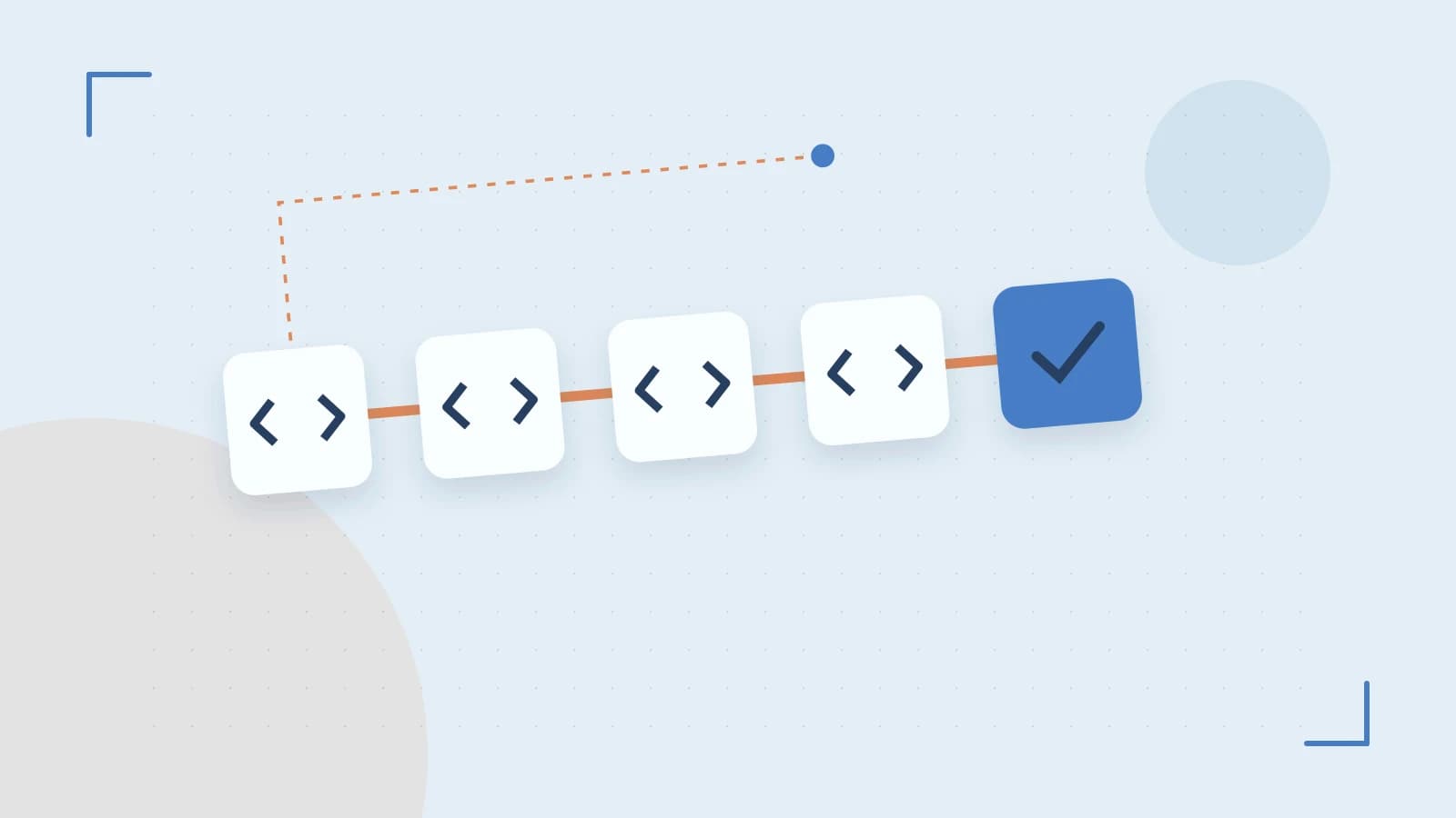 Editorial illustration of a branching build pipeline, staged transformations and a completed check