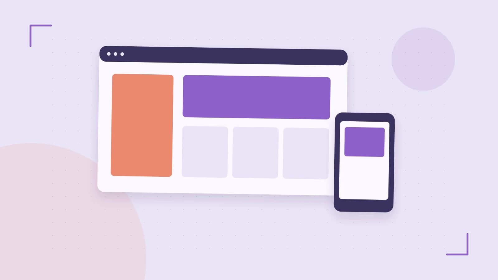 Editorial illustration of responsive browser layouts, overlapping design components and a color system