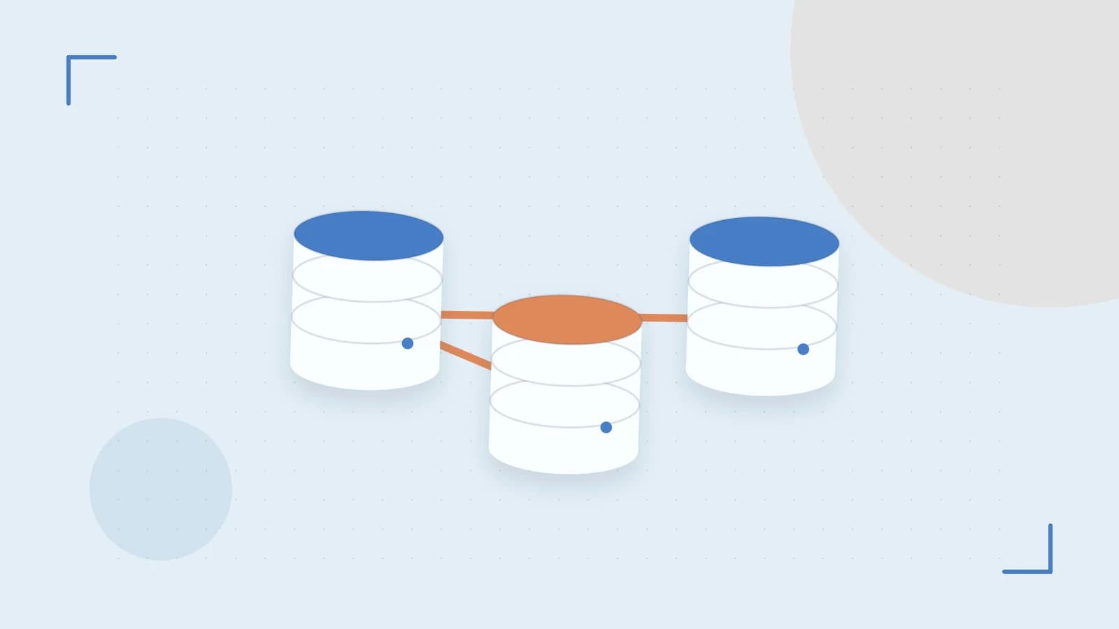 Editorial illustration of structured records, database cylinders and relationships between tables