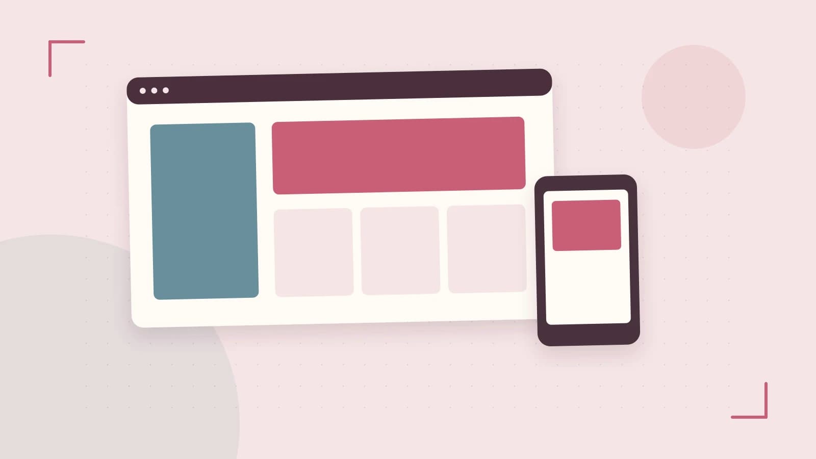 Editorial illustration of responsive browser layouts, overlapping design components and a color system