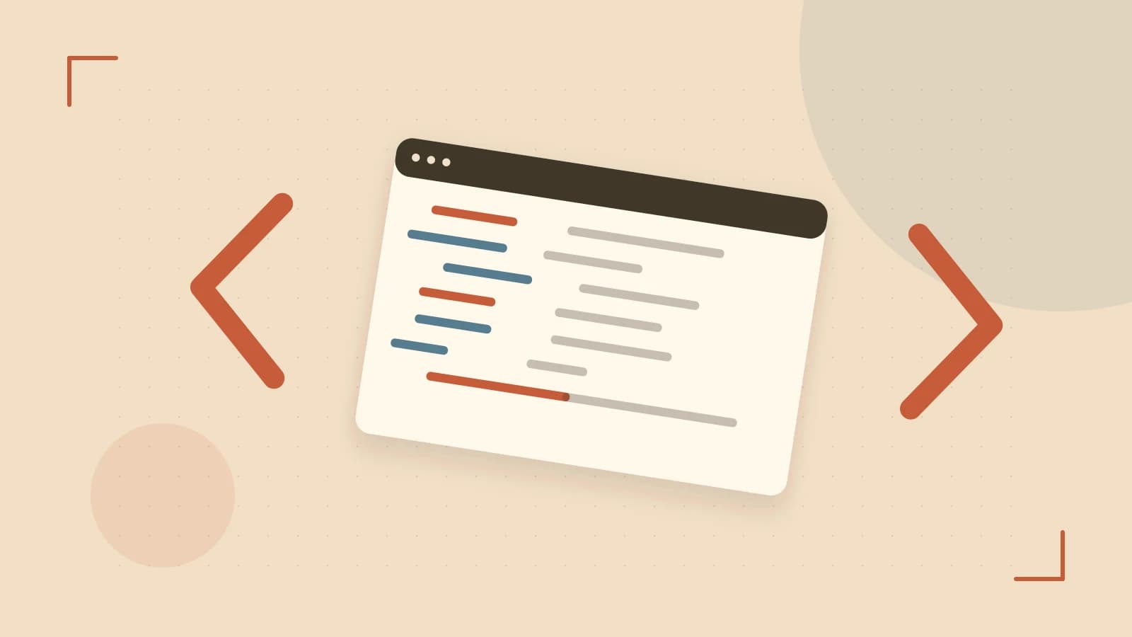 Editorial illustration of an abstract code editor, syntax blocks and oversized programming brackets