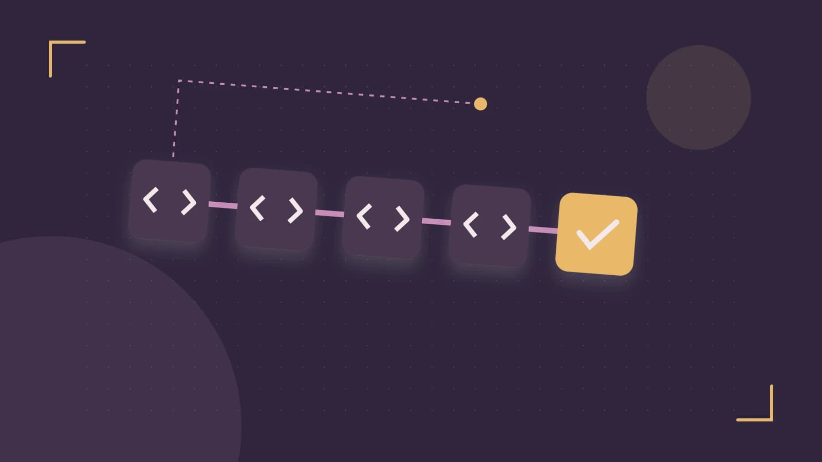 Editorial illustration of a branching build pipeline, staged transformations and a completed check