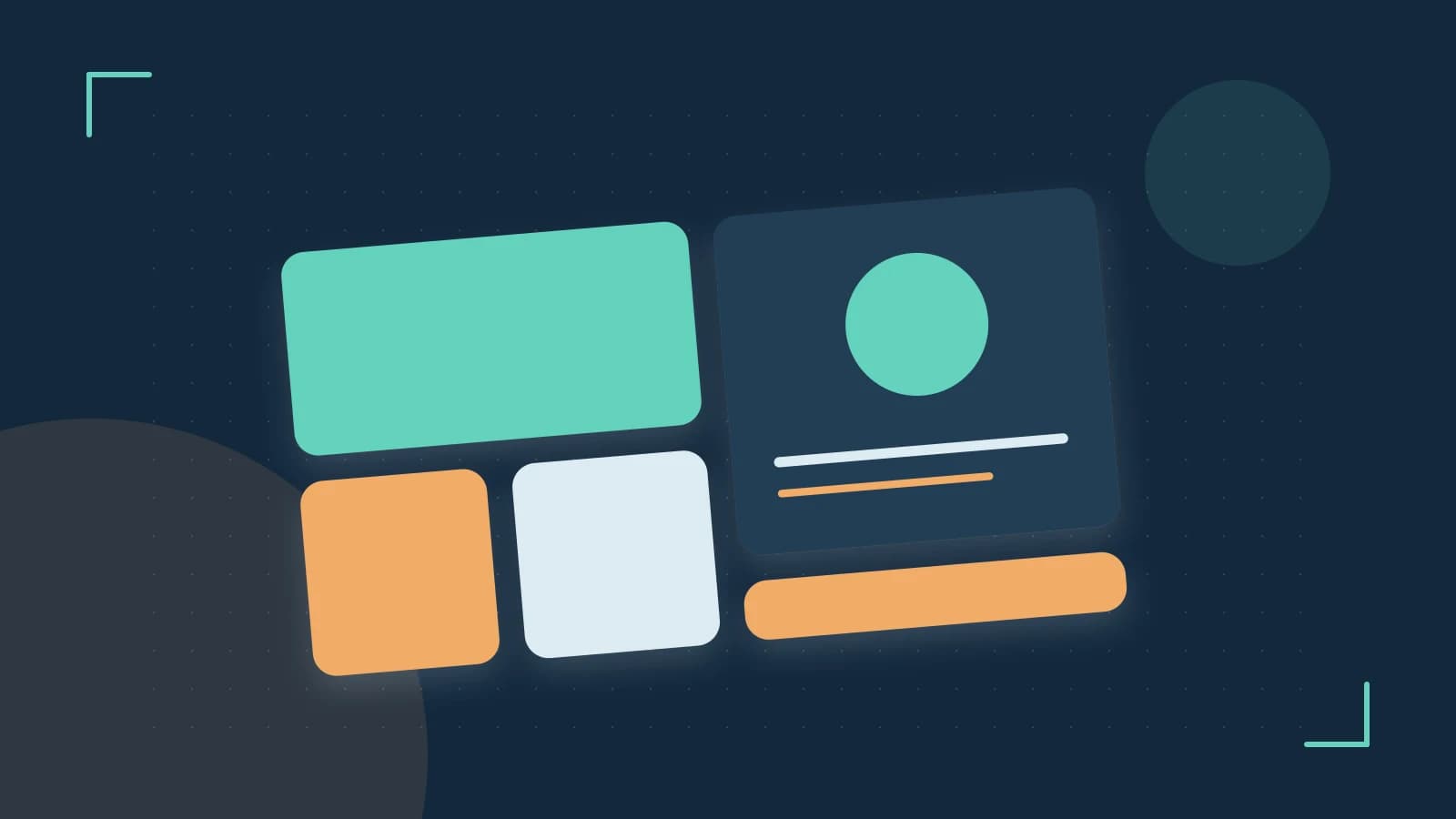 Editorial illustration of responsive browser layouts, overlapping design components and a color system