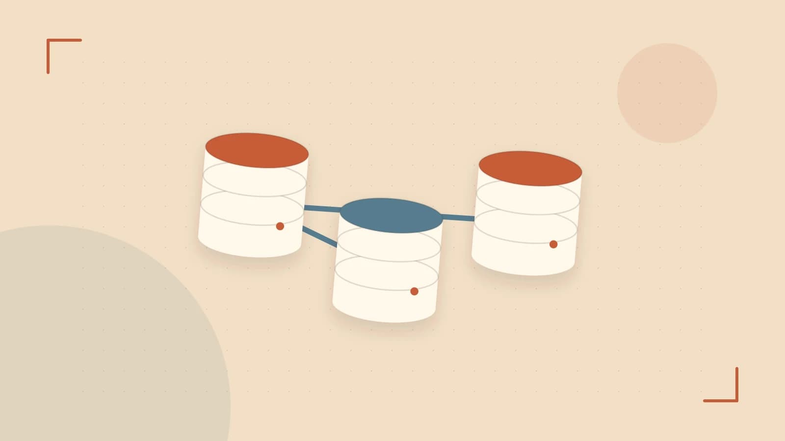 Editorial illustration of structured records, database cylinders and relationships between tables