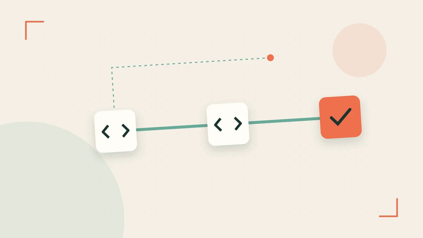 Editorial illustration of a branching build pipeline, staged transformations and a completed check