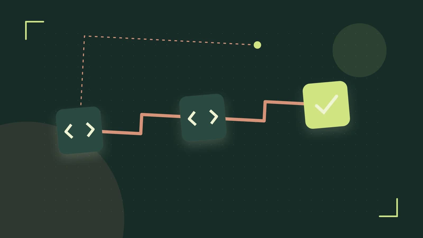 Editorial illustration of a branching build pipeline, staged transformations and a completed check