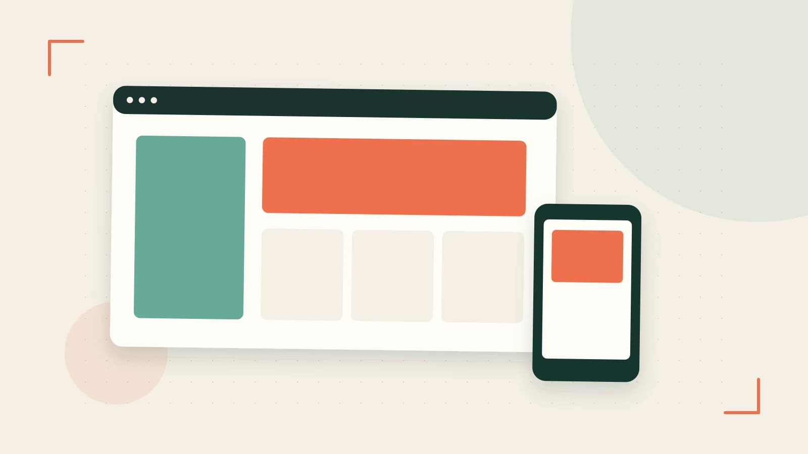 Editorial illustration of responsive browser layouts, overlapping design components and a color system