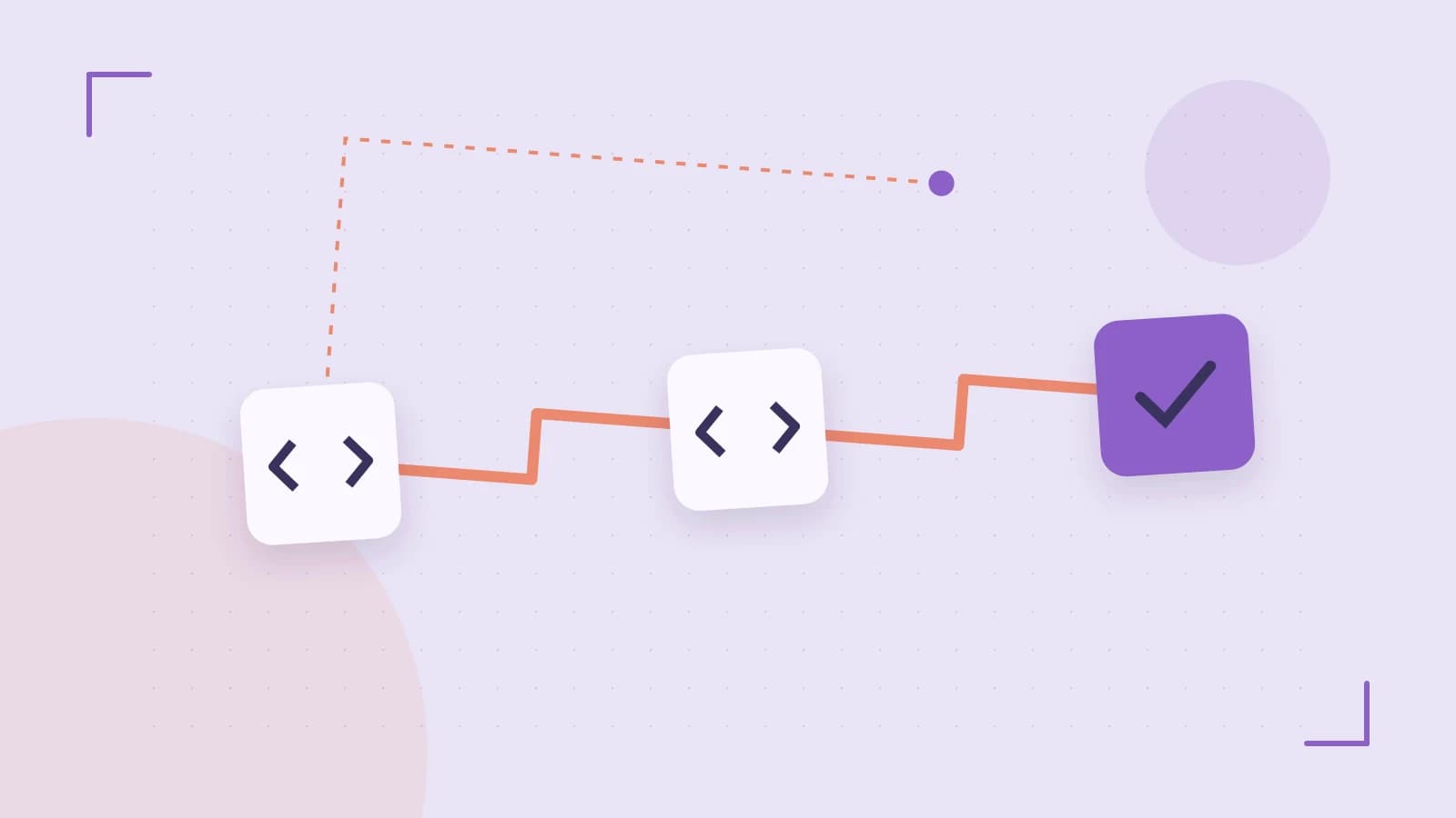 Editorial illustration of a branching build pipeline, staged transformations and a completed check