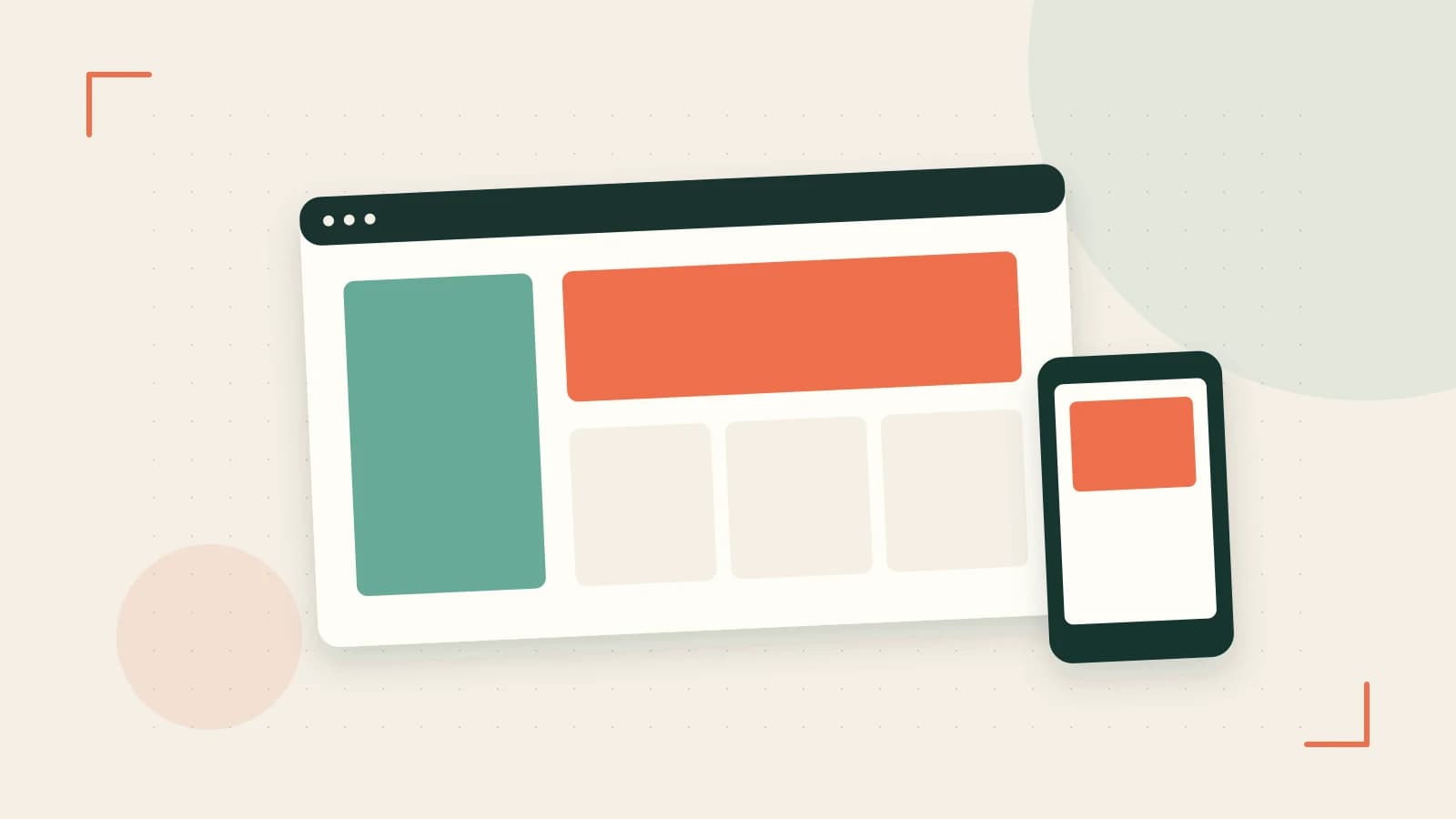 Editorial illustration of responsive browser layouts, overlapping design components and a color system