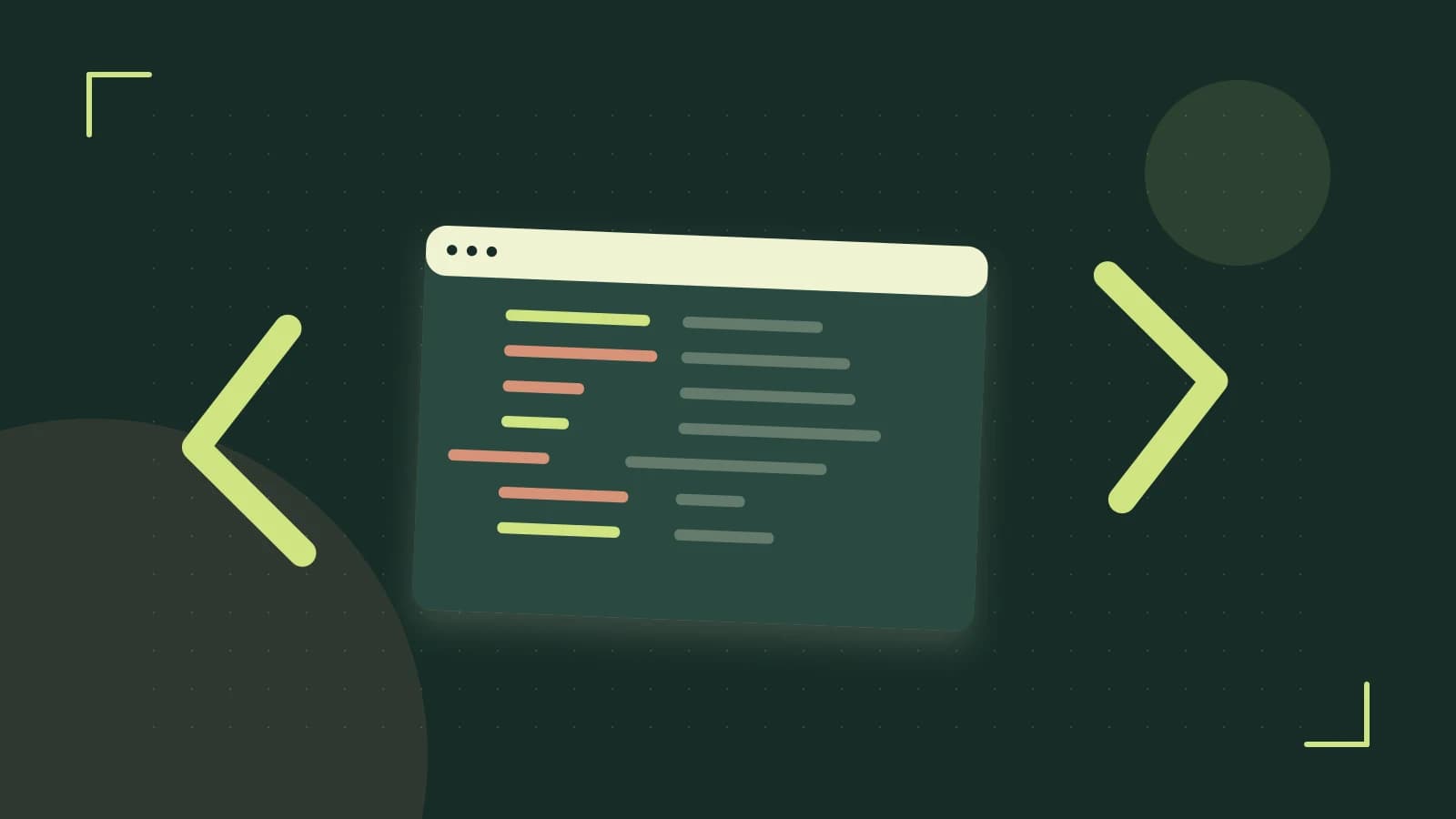 Editorial illustration of an abstract code editor, syntax blocks and oversized programming brackets