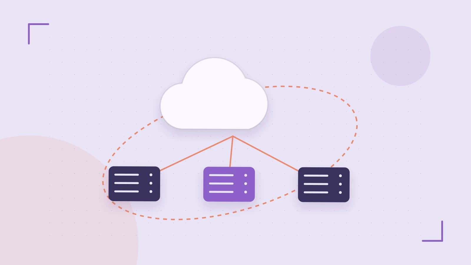 Editorial illustration of cloud infrastructure, connected server racks and an orbital service map