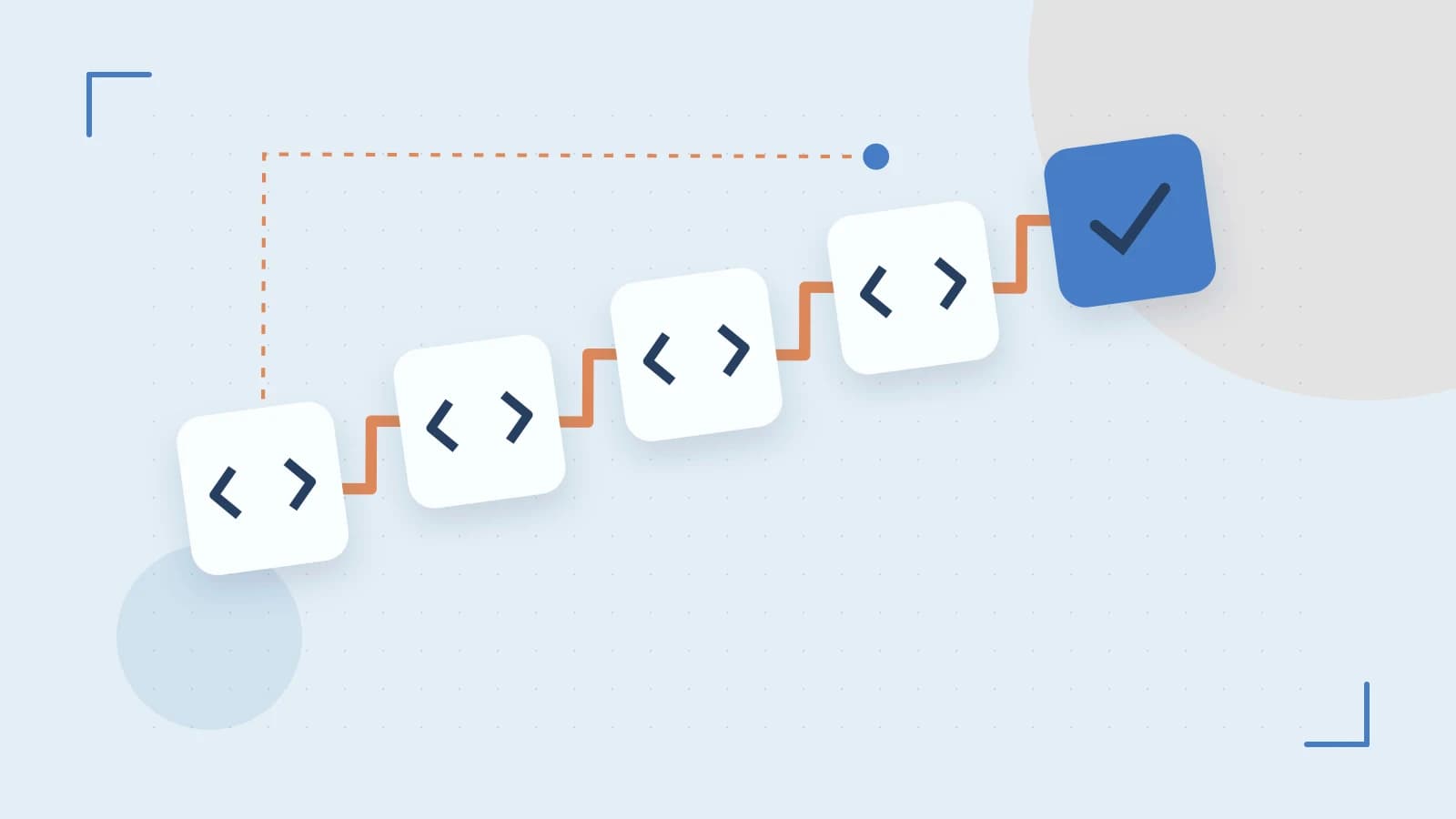 Editorial illustration of a branching build pipeline, staged transformations and a completed check
