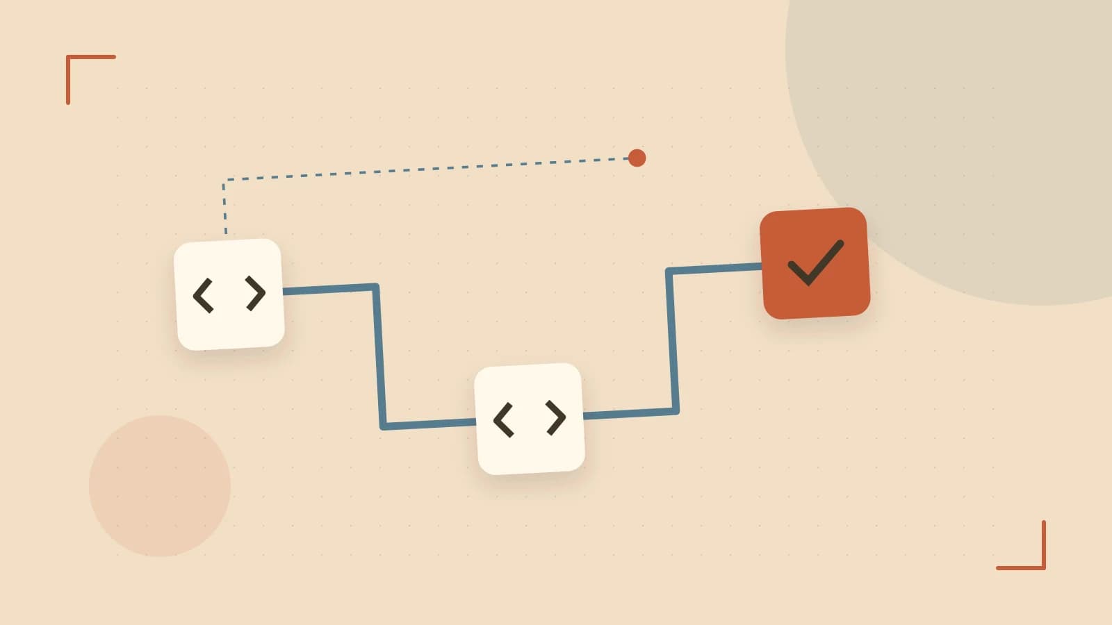 Editorial illustration of a branching build pipeline, staged transformations and a completed check