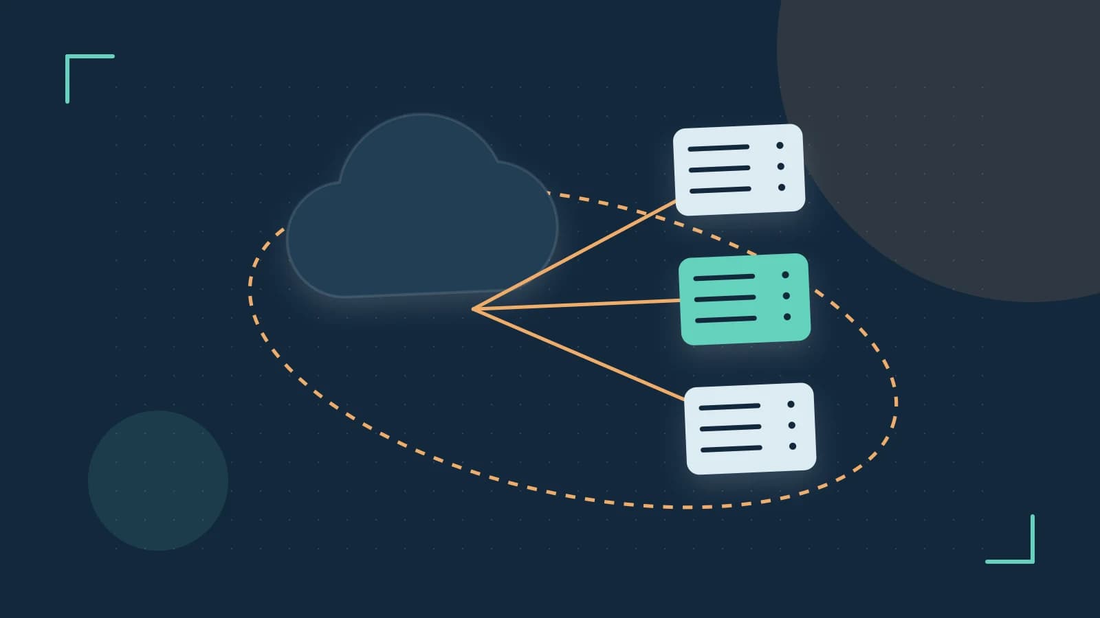 Editorial illustration of cloud infrastructure, connected server racks and an orbital service map