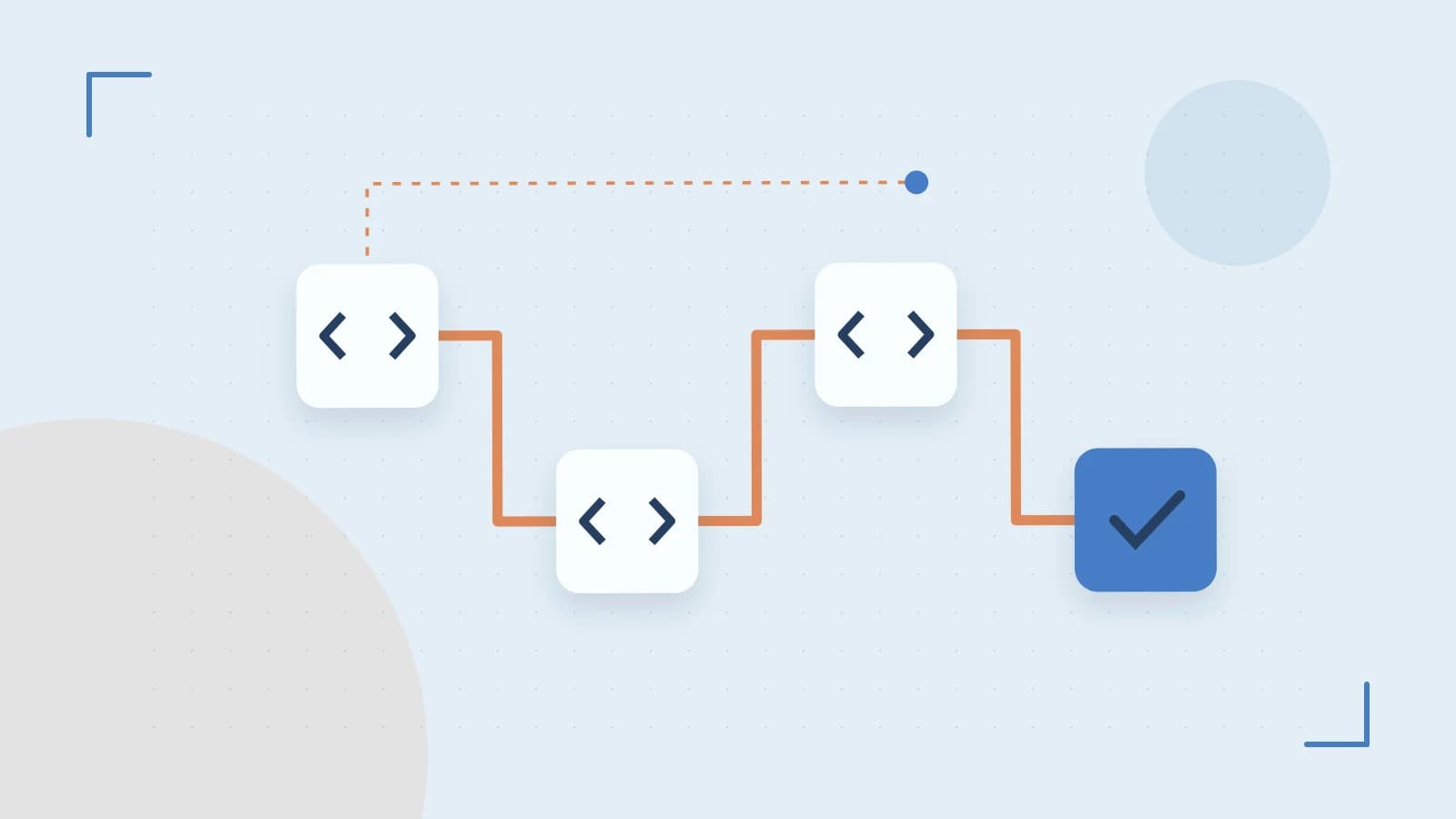 Editorial illustration of a branching build pipeline, staged transformations and a completed check