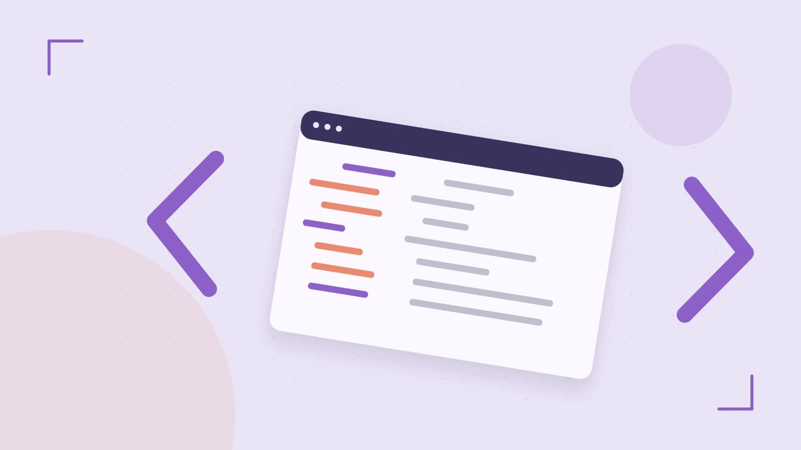 Editorial illustration of an abstract code editor, syntax blocks and oversized programming brackets